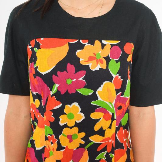 90s Gigi Psychedelic Floral Shift Dress Black Orange Pink Knee Length Medium M