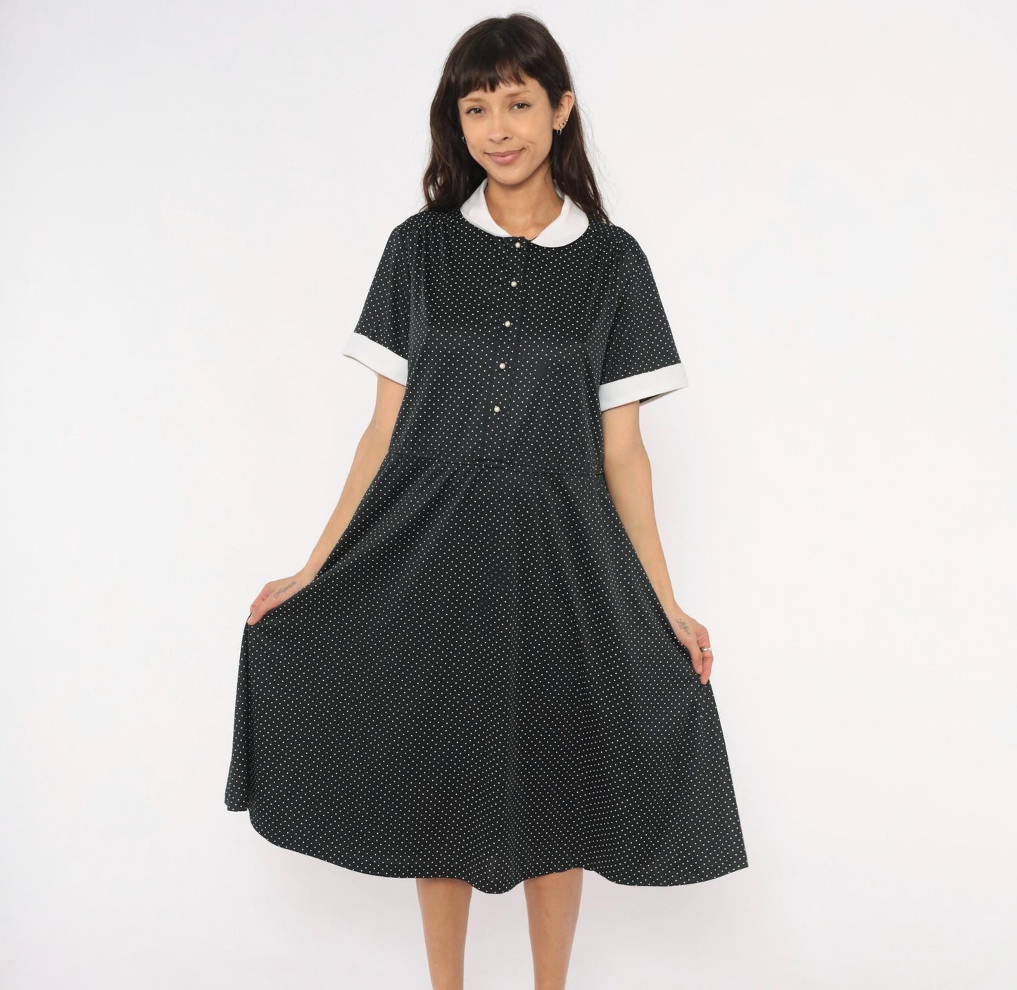 1970s Black White Polka Dot Peter Pan Collar Midi Dress Plus Size XL