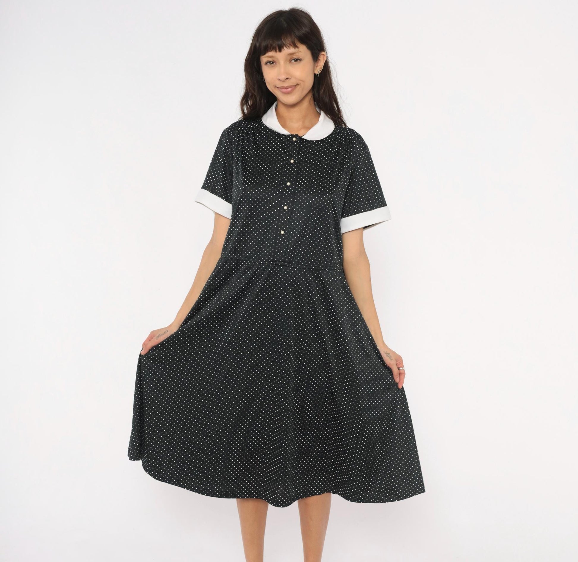 1970s Black White Polka Dot Peter Pan Collar Midi Dress Plus Size XL