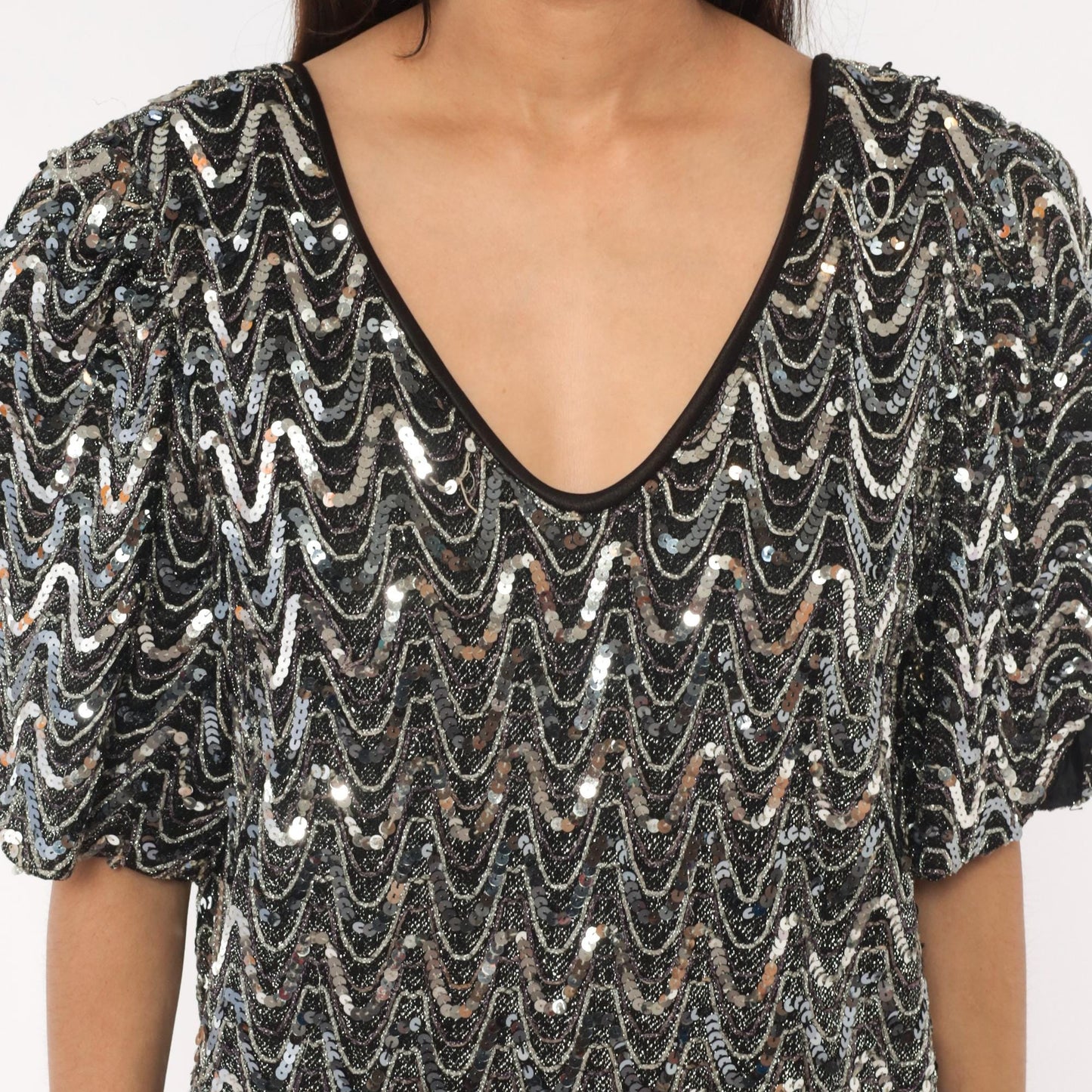 90s Erica Scott Silver Sequin Maxi Dress Chevron Black Plus Size XXL