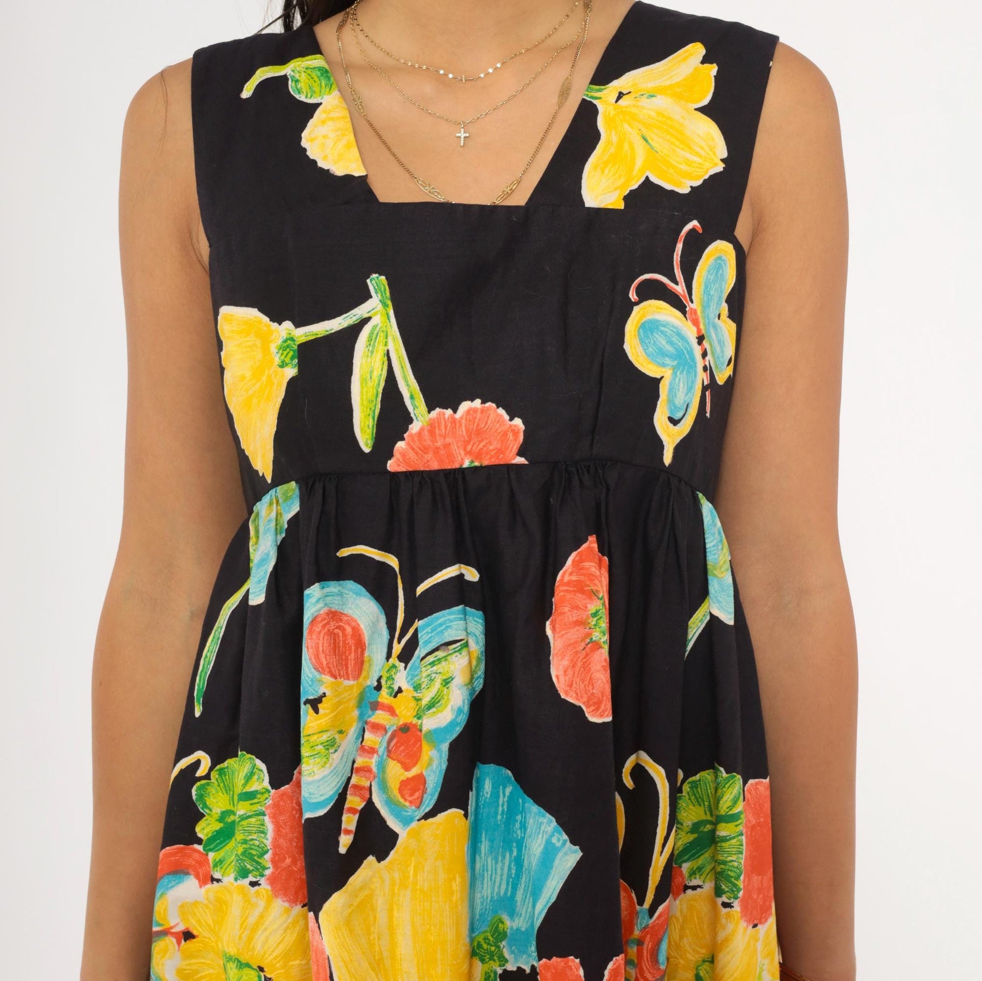 70s Dela Ann Creation Babydoll Dress Black Yellow Butterfly Floral Empire Waist Small