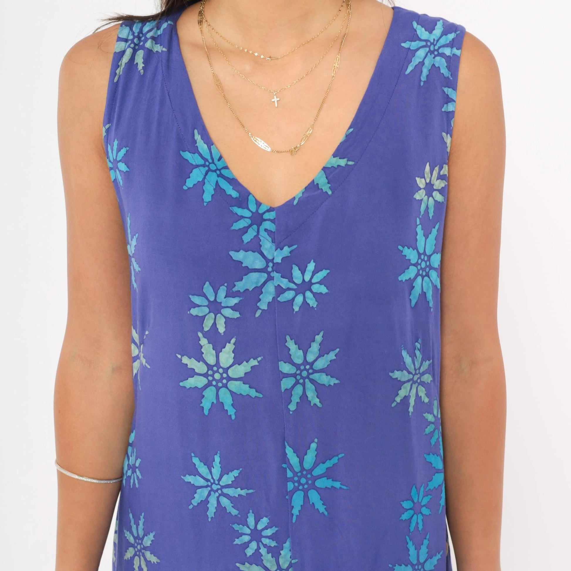 90s Temptation Batik Maxi Dress Purple Teal Starburst Floral Sleeveless Medium
