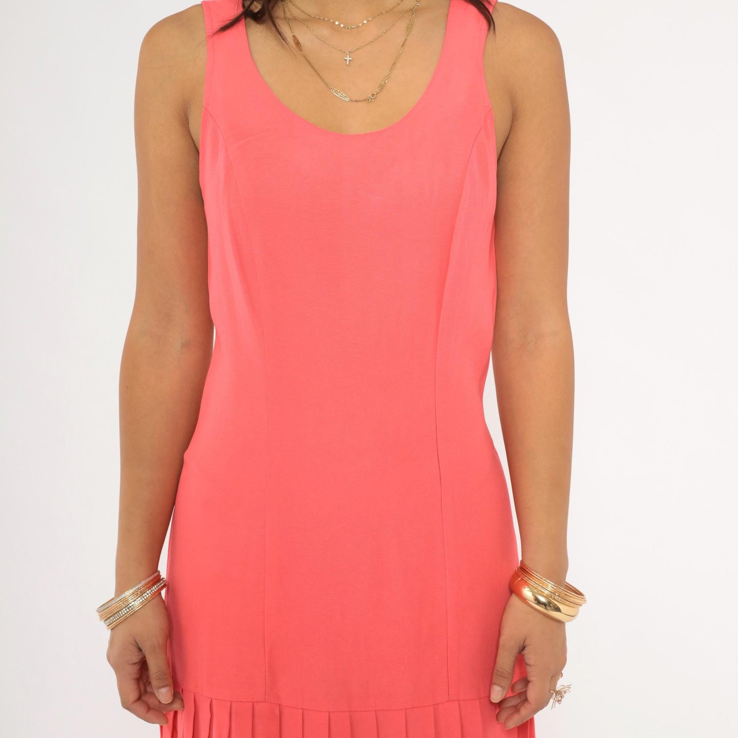90s Coral Pleated Mini Dress Sleeveless Drop Waist Scoop Neck Small S