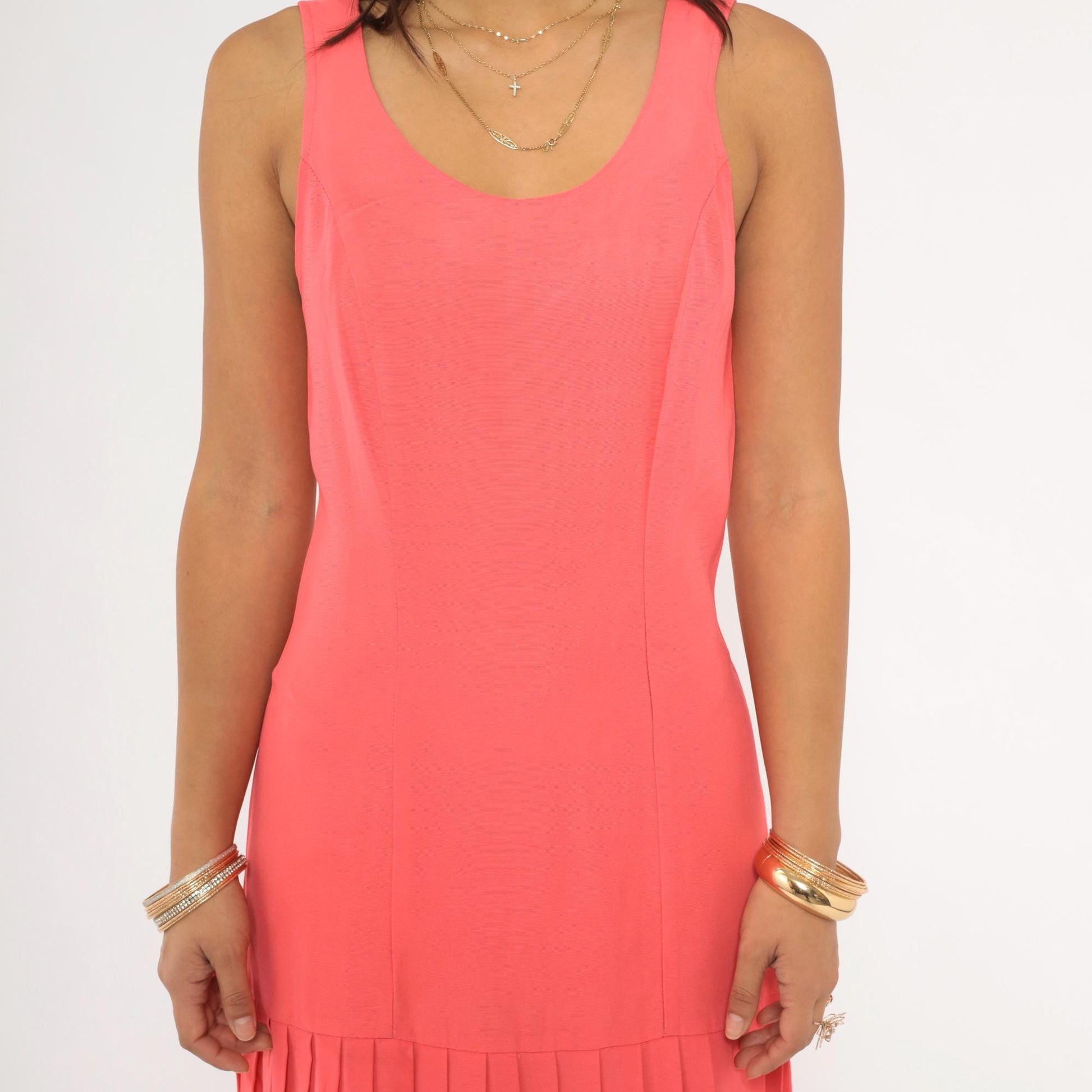 90s Coral Pleated Mini Dress Sleeveless Drop Waist Scoop Neck Small S