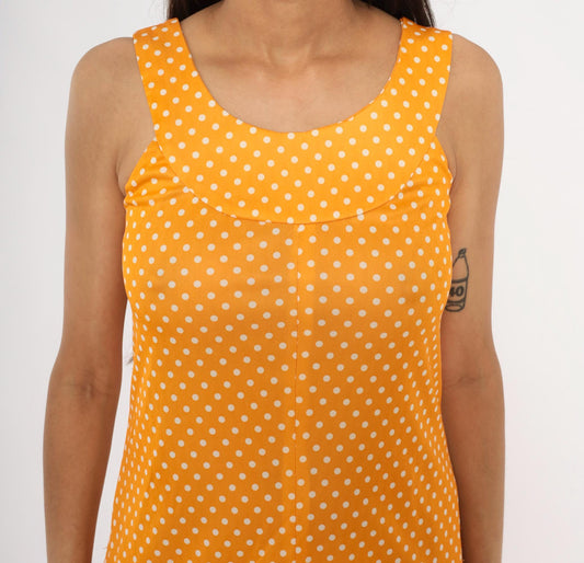 70s Yellow White Polka Dot Sundress Empire Waist Tank Small
