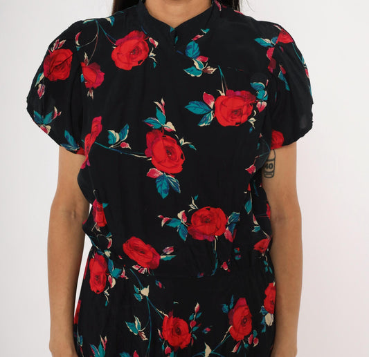 90s Nina Piccalino Black Midi Dress Red Rose Print Mandarin Collar Large L
