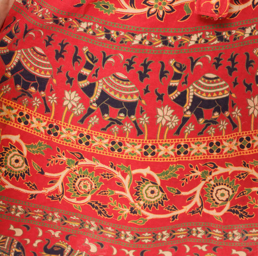 90s Indian Block Print Cotton Wrap Skirt Red Elephant Floral Small