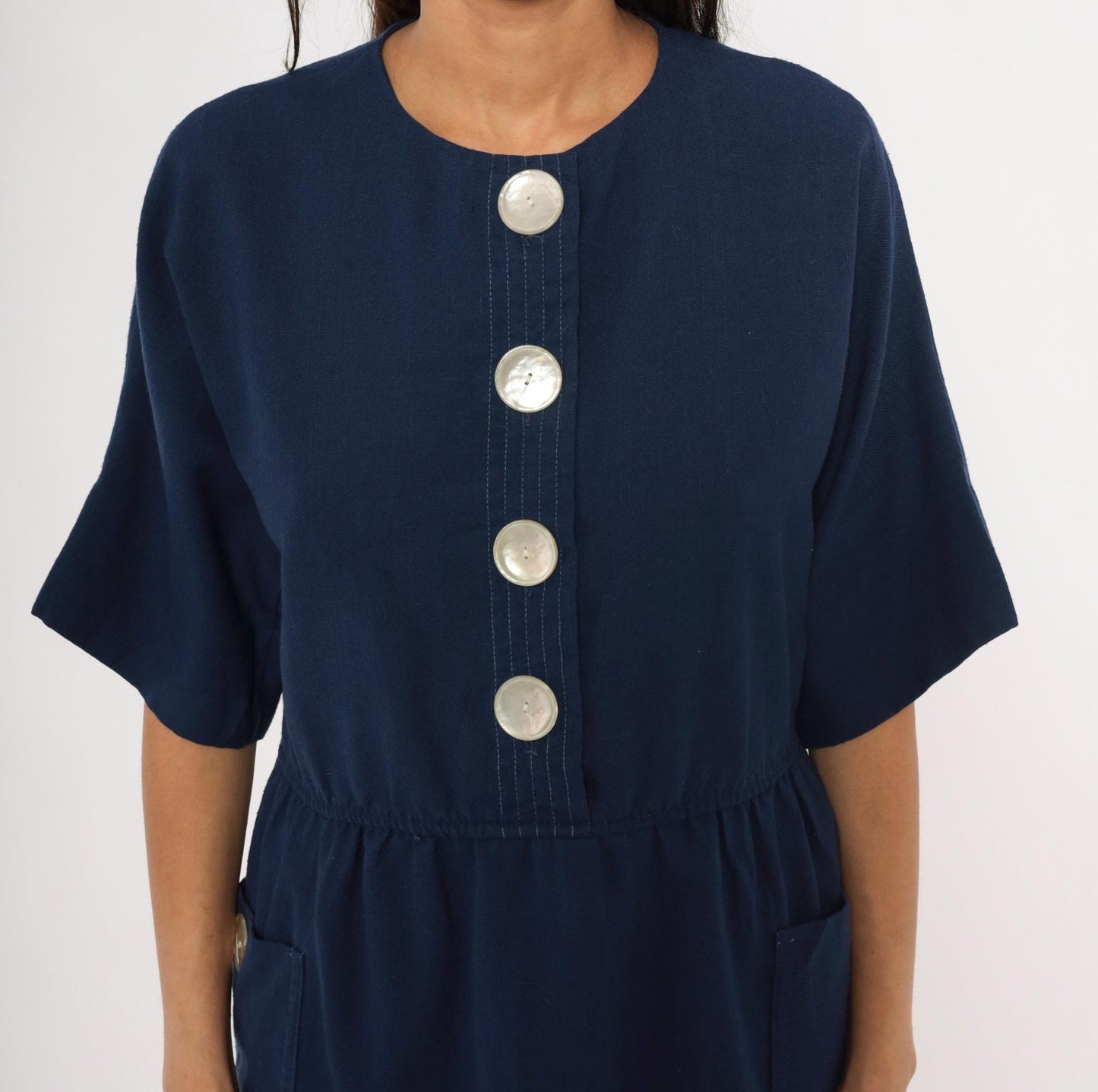 80s Leslie Fay Navy Button-Front Dress Knee-Length Elastic Waist Large L