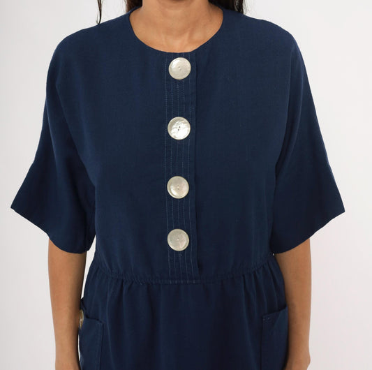80s Leslie Fay Navy Button-Front Dress Knee-Length Elastic Waist Large L
