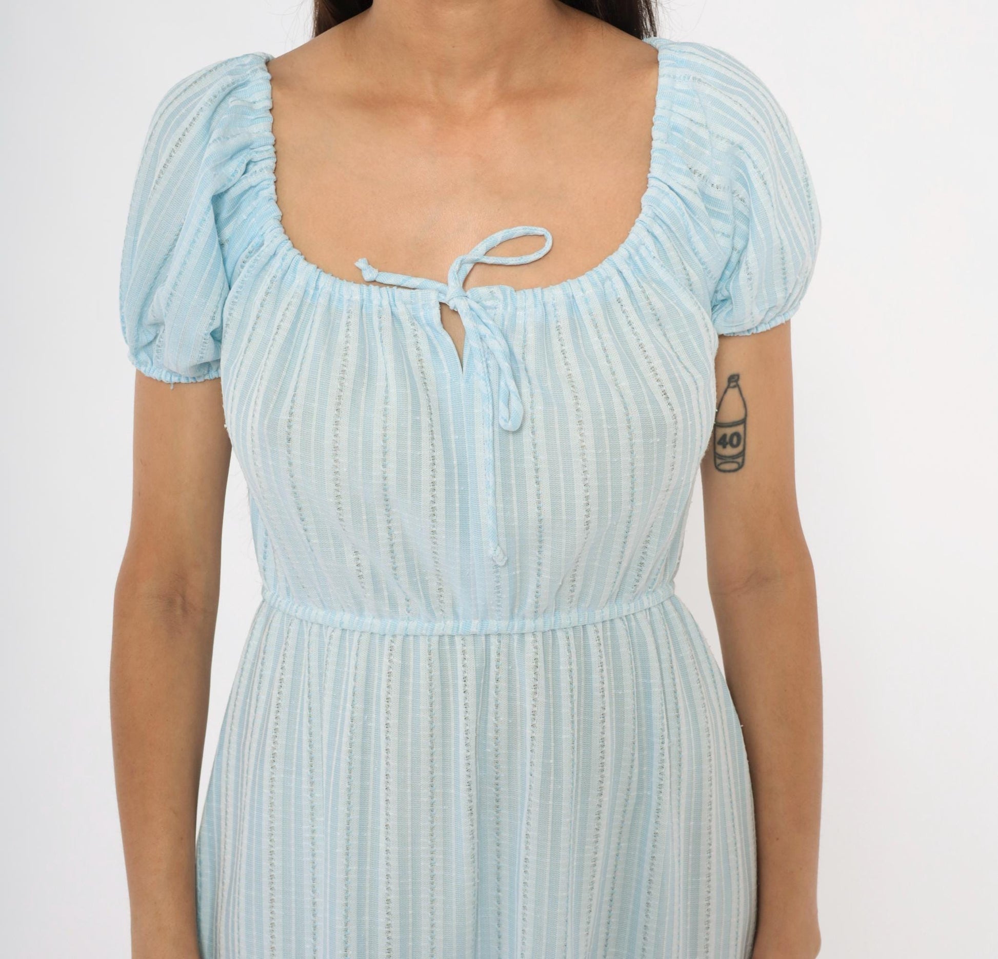 70s Sky Blue Striped Peasant Dress Puff Sleeve Tiered Skirt Lace Trim Medium M