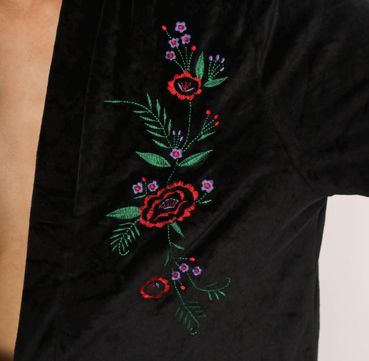 80s Blair Black Velvet Kimono Duster Embroidered Floral Rose Medium M