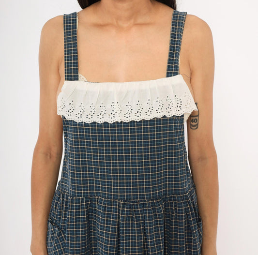 80s Navy Tan Plaid Pinafore Sundress Cotton Eyelet Lace Knee Medium