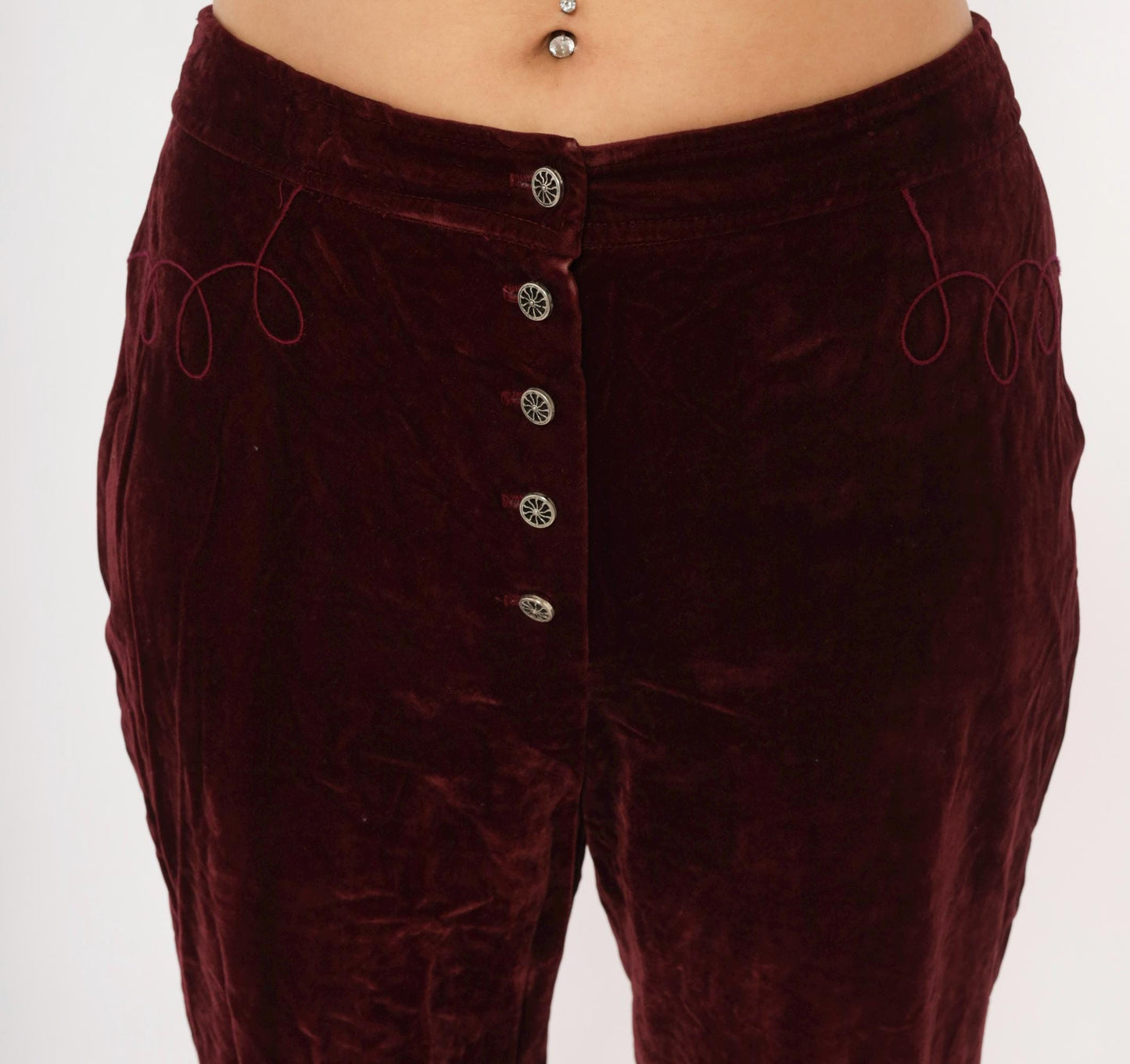70s Burgundy Crushed Velvet Flare Pants Embroidered Low Rise Medium M