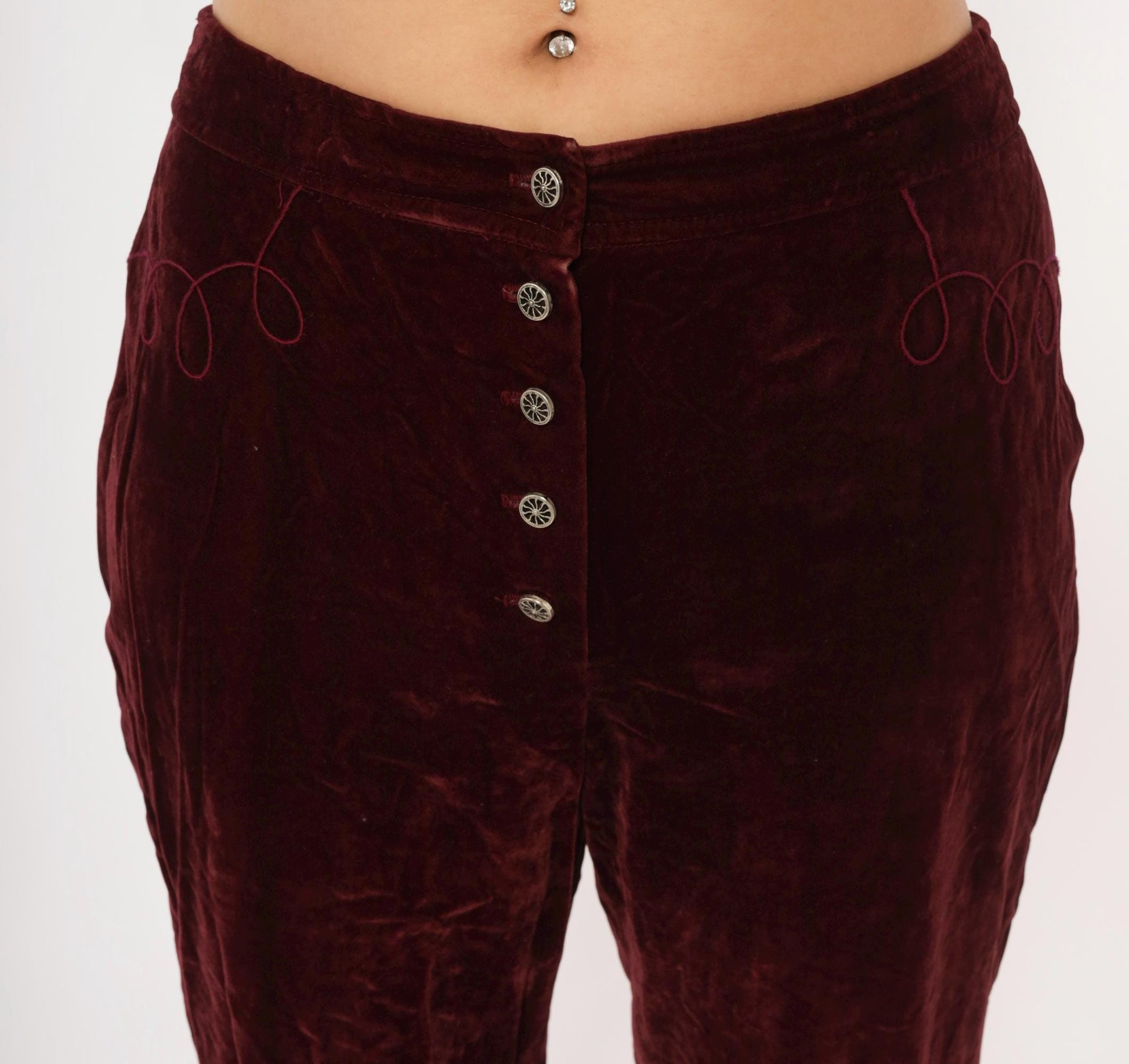 70s Burgundy Crushed Velvet Flare Pants Embroidered Low Rise Medium M