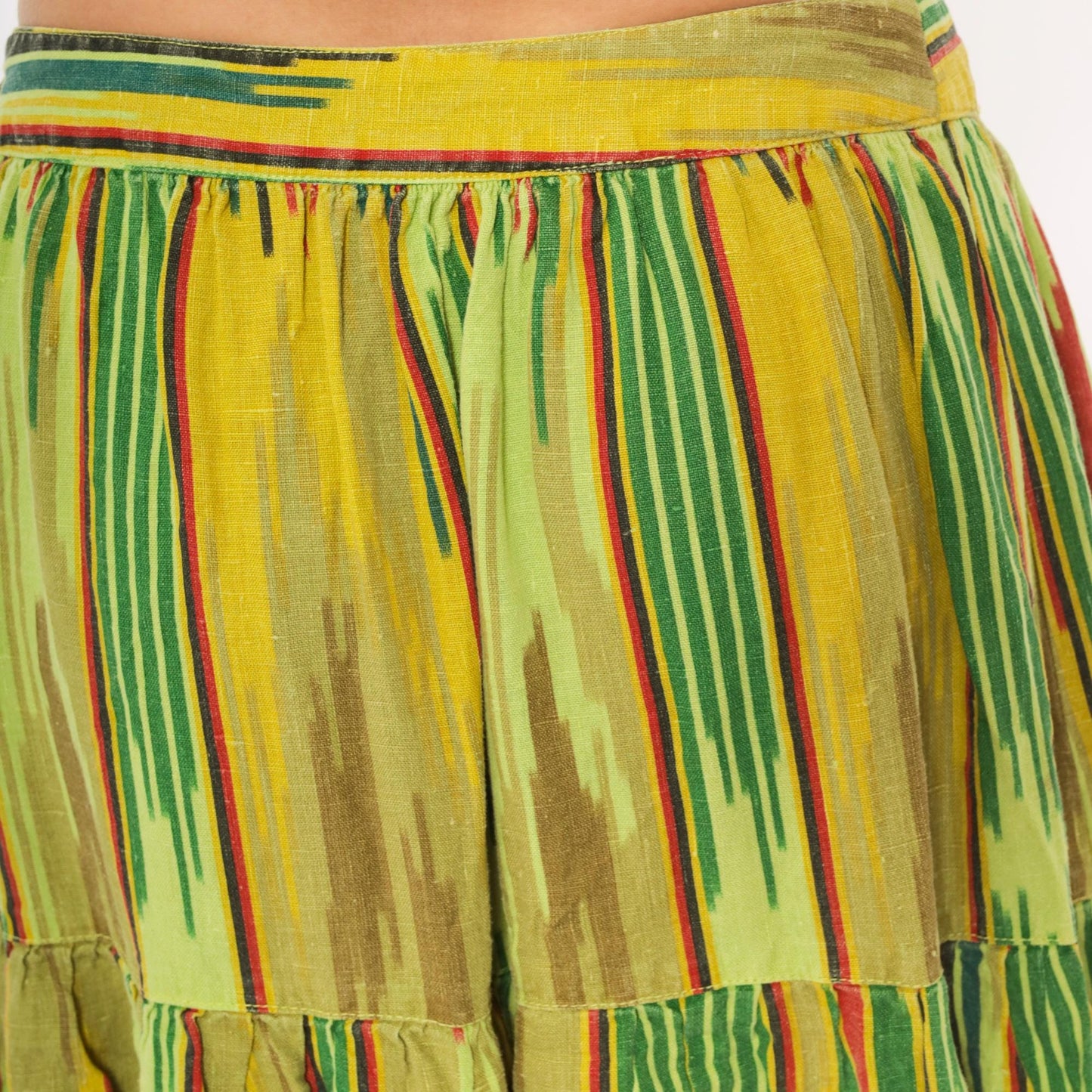 2000s Mason's Ikat Tiered Maxi Skirt Green Yellow Red Woven Large L