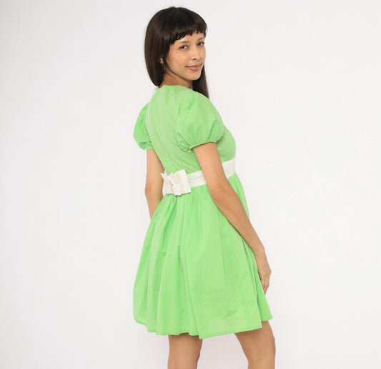 70s Lime Green Polka Dot Puff Sleeve Mini Dress Cotton Bow Waist Small S