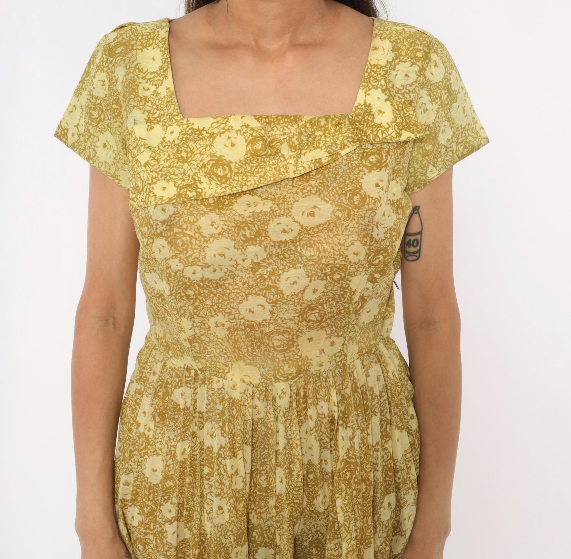 60s Annetta New York Floral Dress Square Neckline Pleated Full Skirt Medium