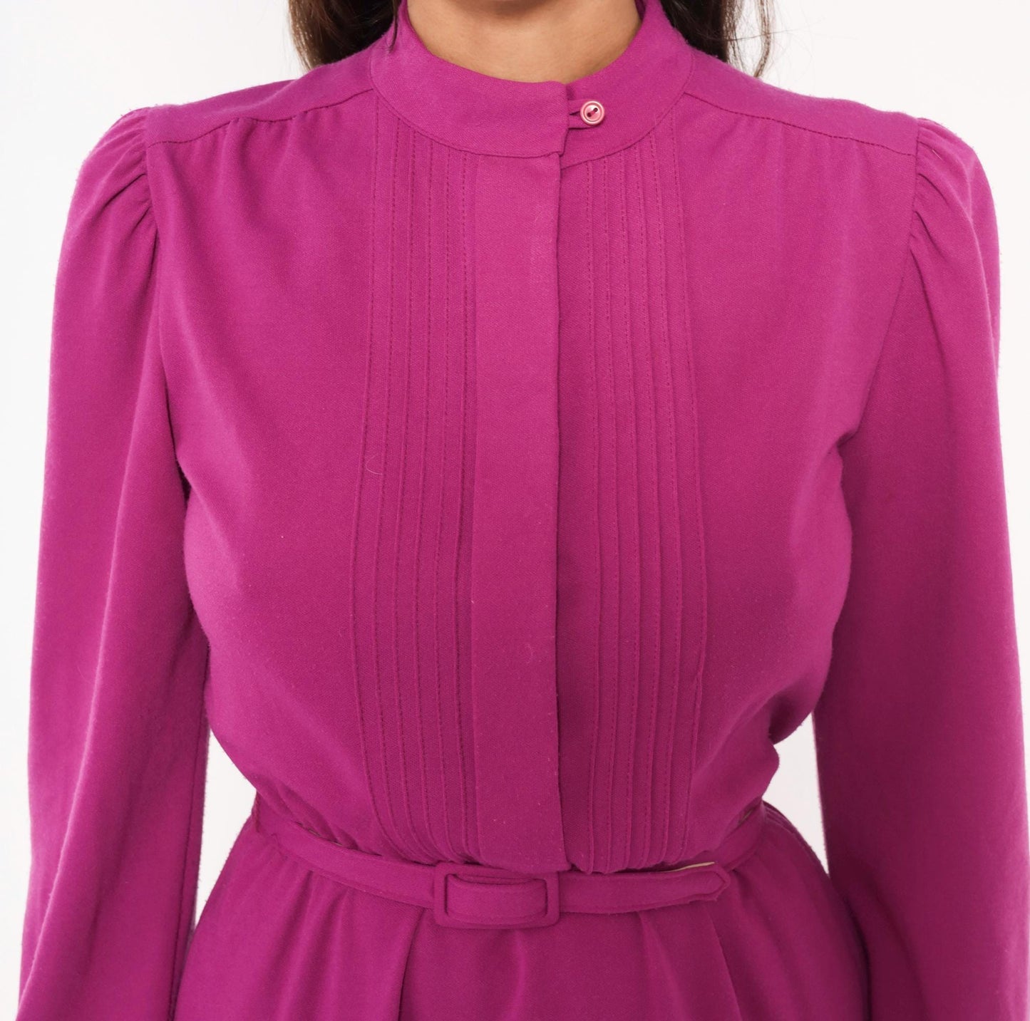 80s JcPenney Magenta Pintuck Dress Puff Sleeve Belted Knee-Length Small