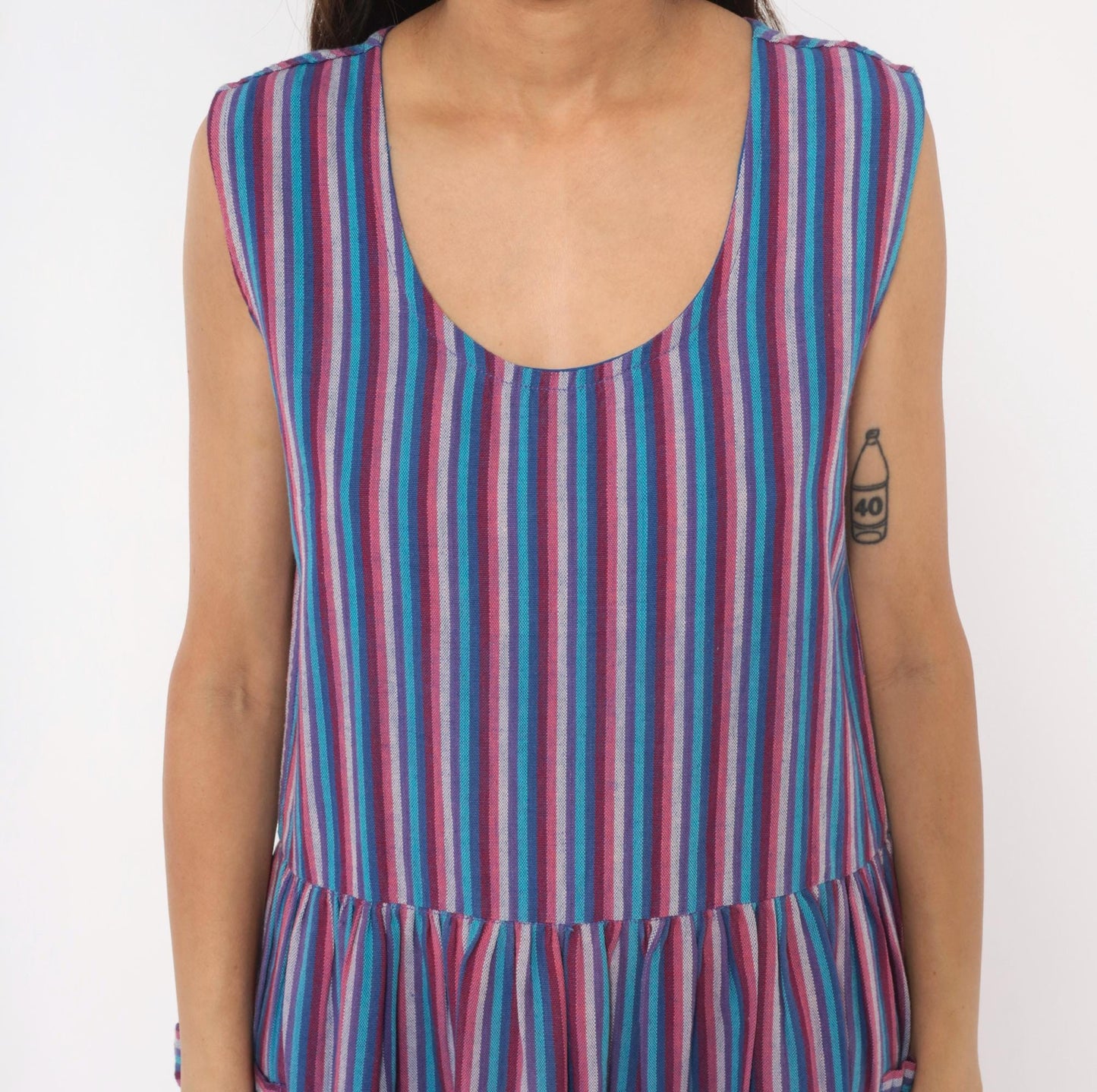 90s Quetzal Striped Cotton Midi Sundress Purple Cobalt Scoop Neck Small