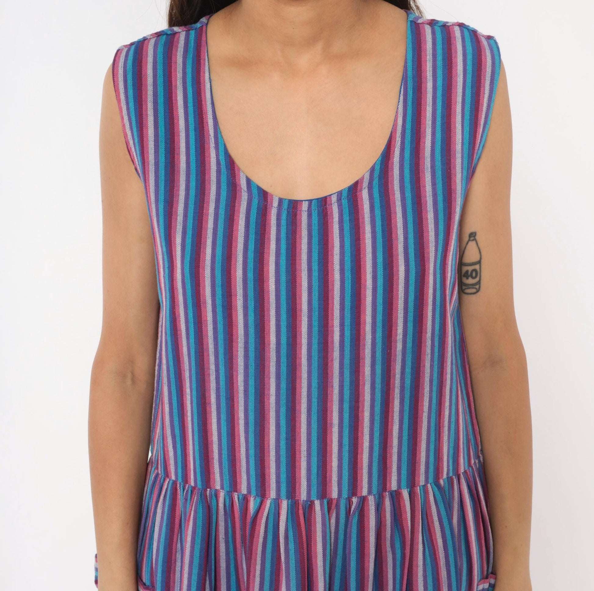 90s Quetzal Striped Cotton Midi Sundress Purple Cobalt Scoop Neck Small