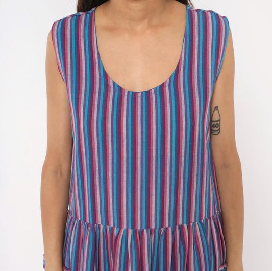 90s Quetzal Striped Cotton Midi Sundress Purple Cobalt Scoop Neck Small