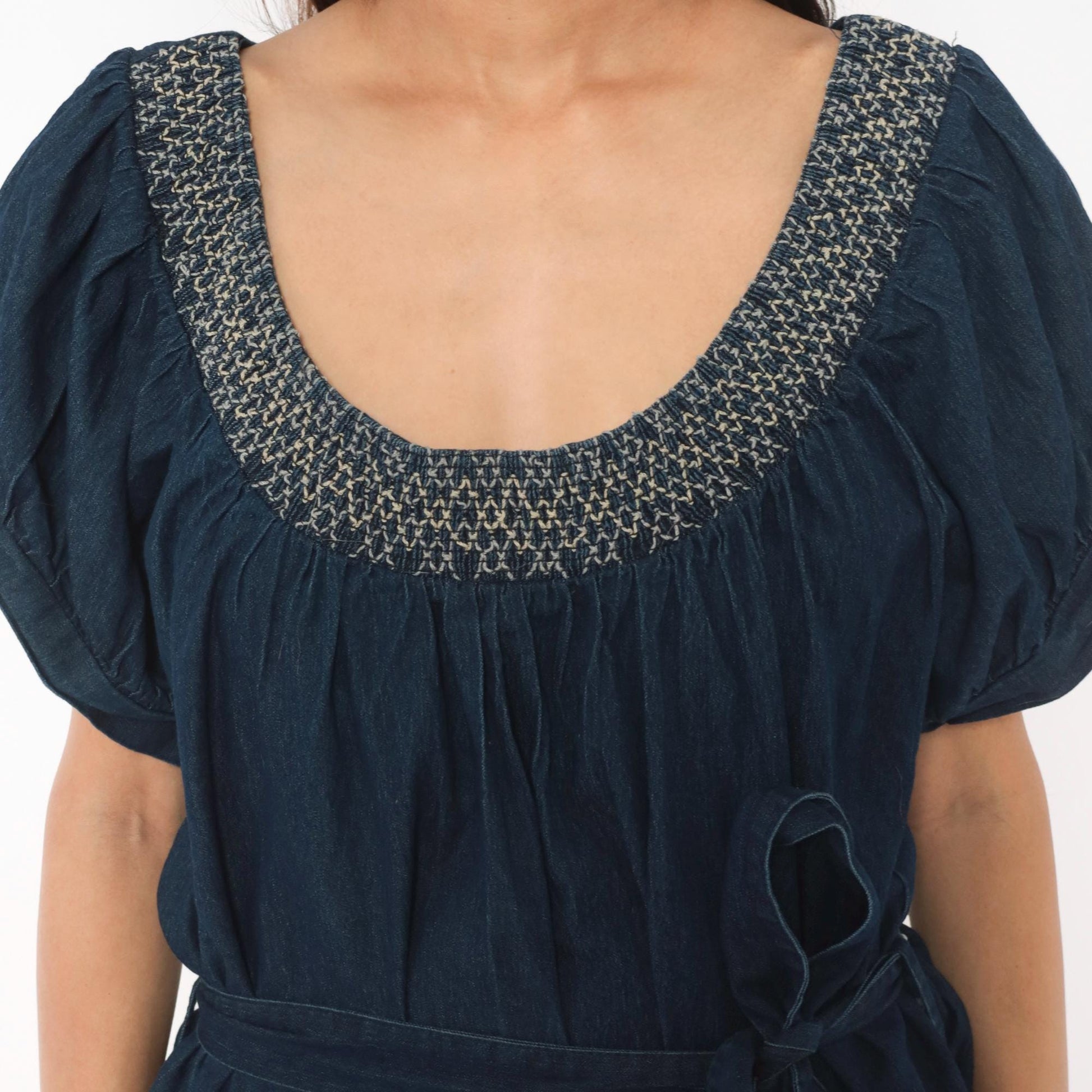 90s Roommates California Navy Denim Mini Dress Puff Sleeve Embroidered Plus Size 3X