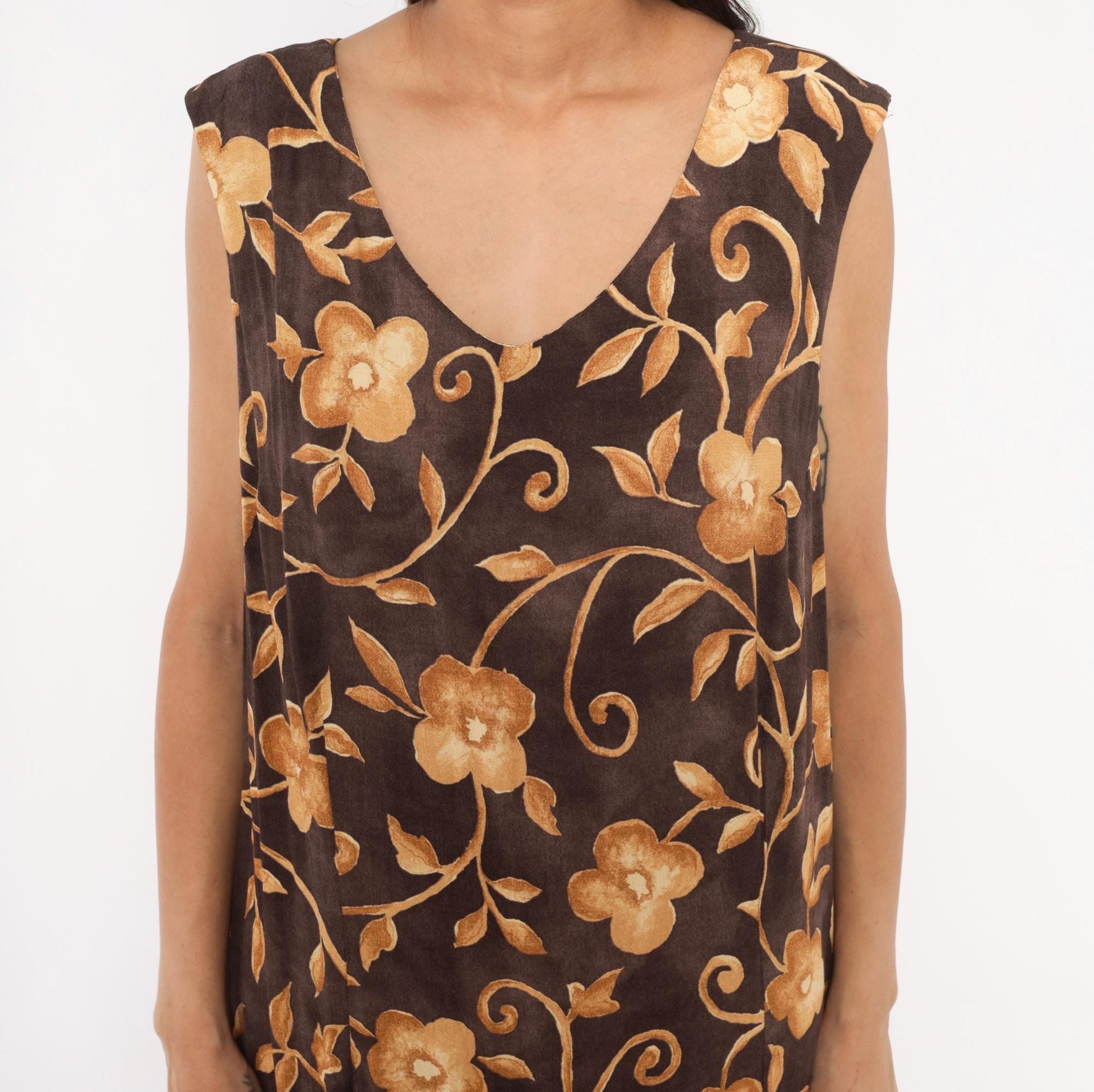 90s AGB Floral Maxi Dress Brown Gold Vine Sleeveless V Neck Plus Size XXL