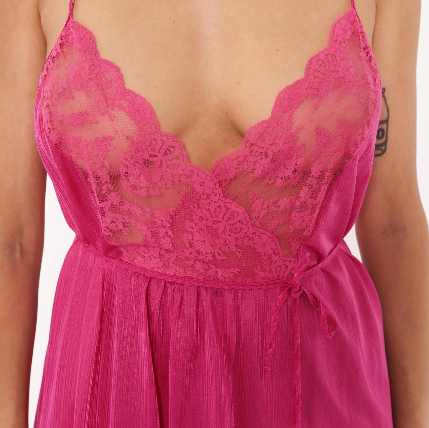 70s Pollinaise Hot Pink Lace Maxi Nightgown Spaghetti Strap Empire Waist Large L