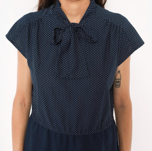 70s Navy White Polka Dot Bow Neck Dress Cap Sleeve Knee-Length Medium
