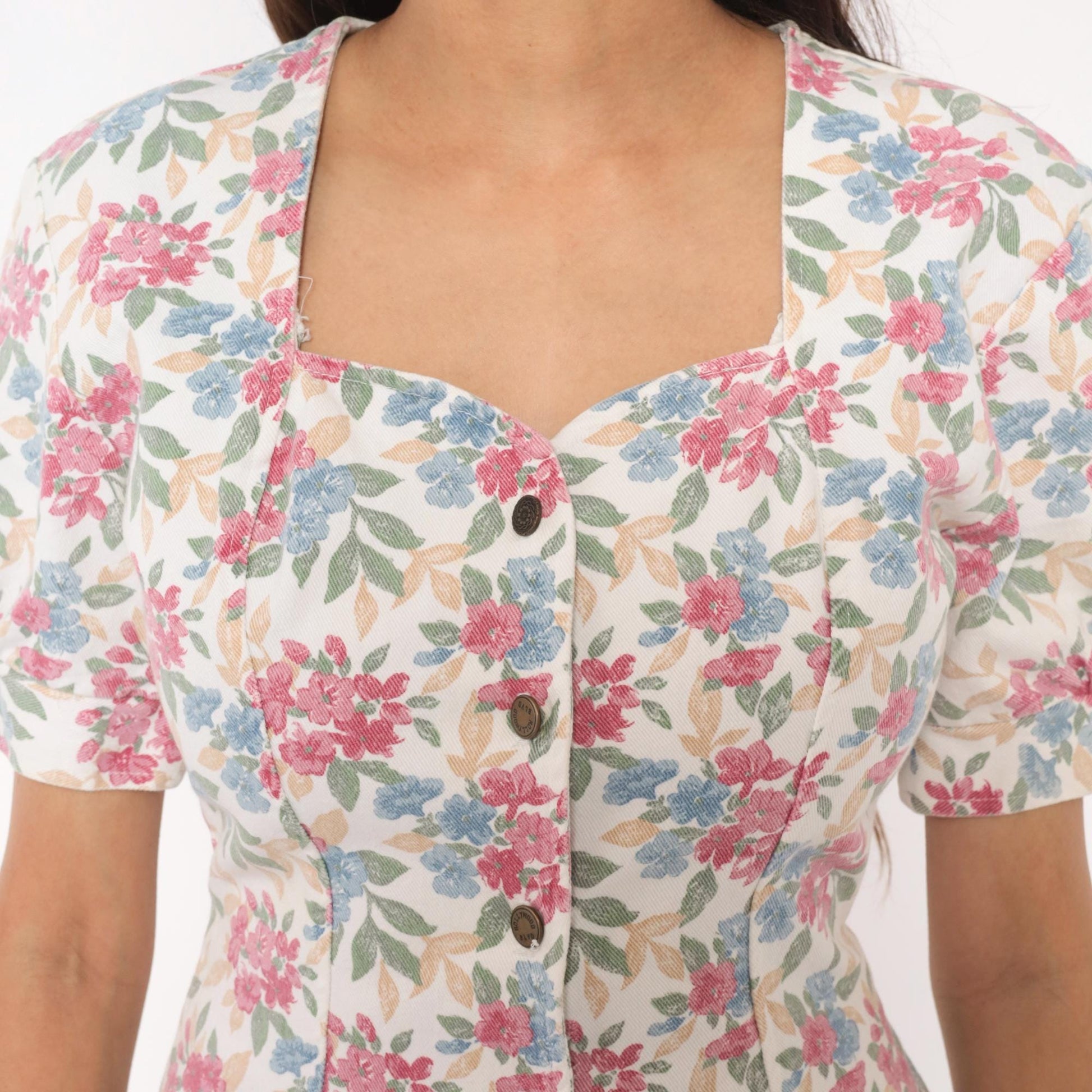 90s Hollywood Blvd Floral Mini Dress Sweetheart Puff Sleeve Cotton Small