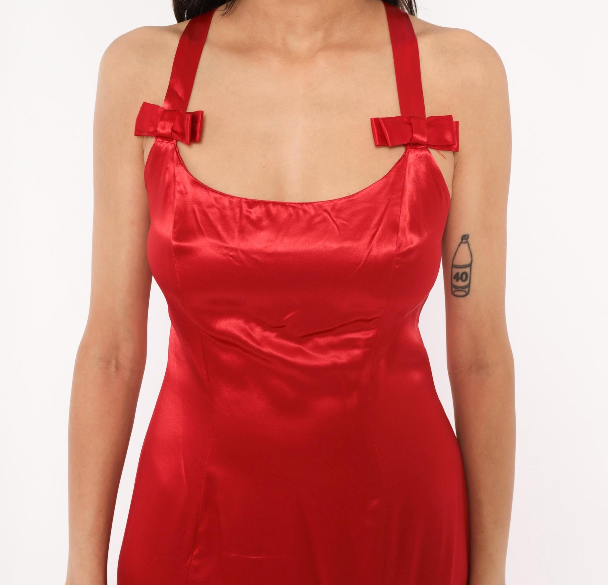 90s Be Smart Red Satin Maxi Slip Dress Bow Strap Crossback Small S