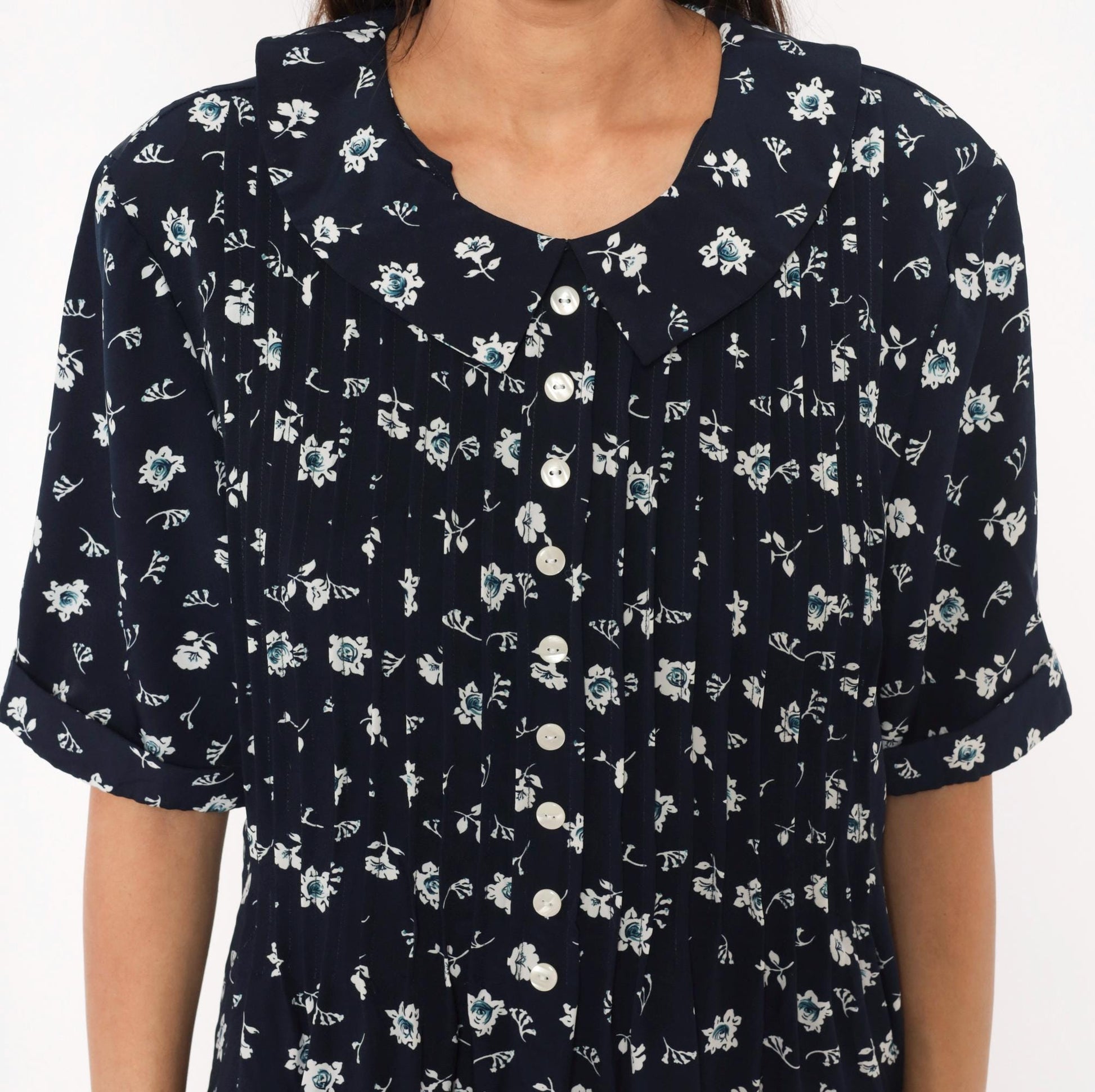 90s Kathie Lee Navy Floral Midi Dress Peter Pan Collar Pintuck Bodice Large L