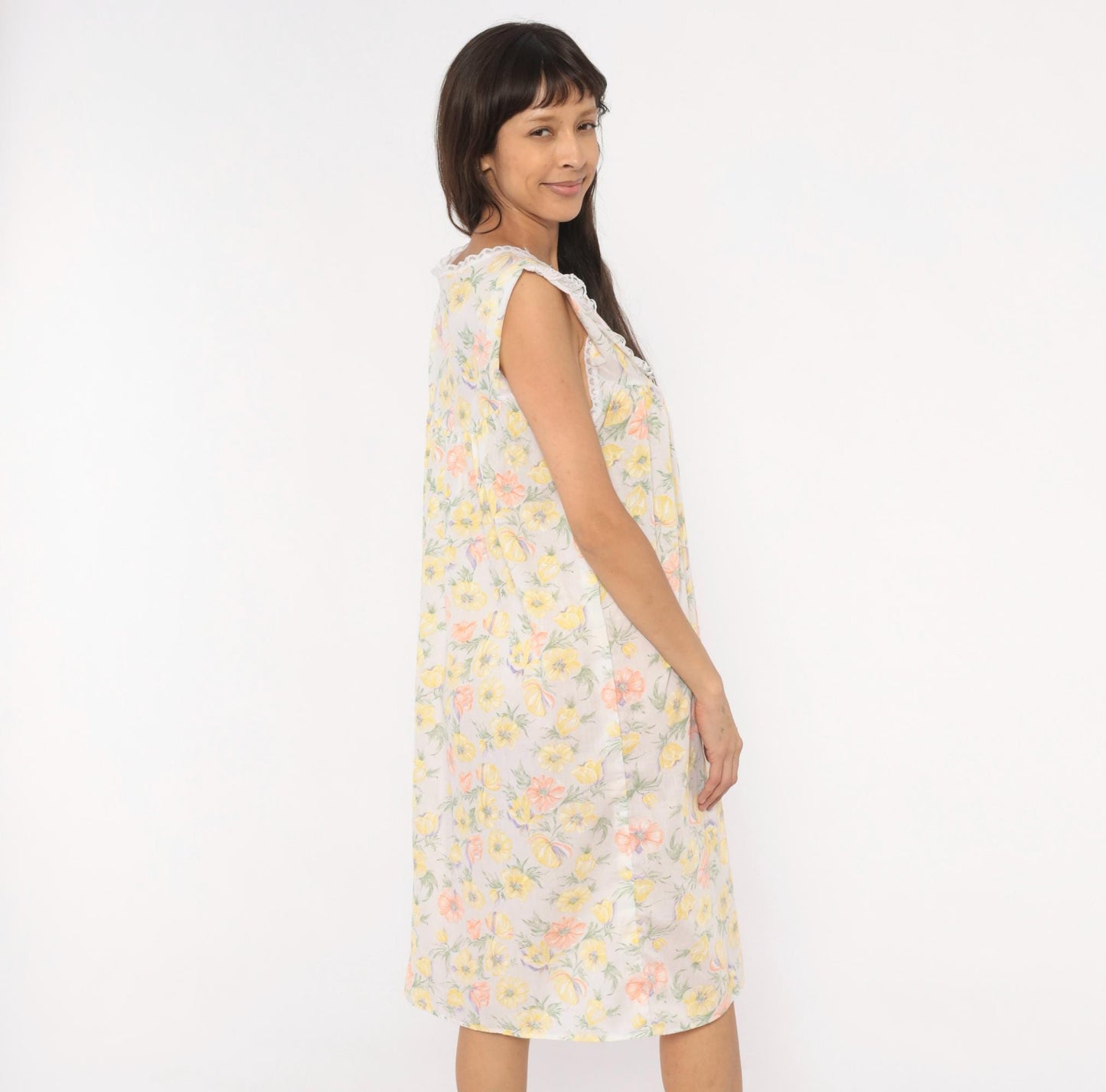 80s Floral Anemone Cotton Nightgown White Lace V-Neck Knee Length Medium M