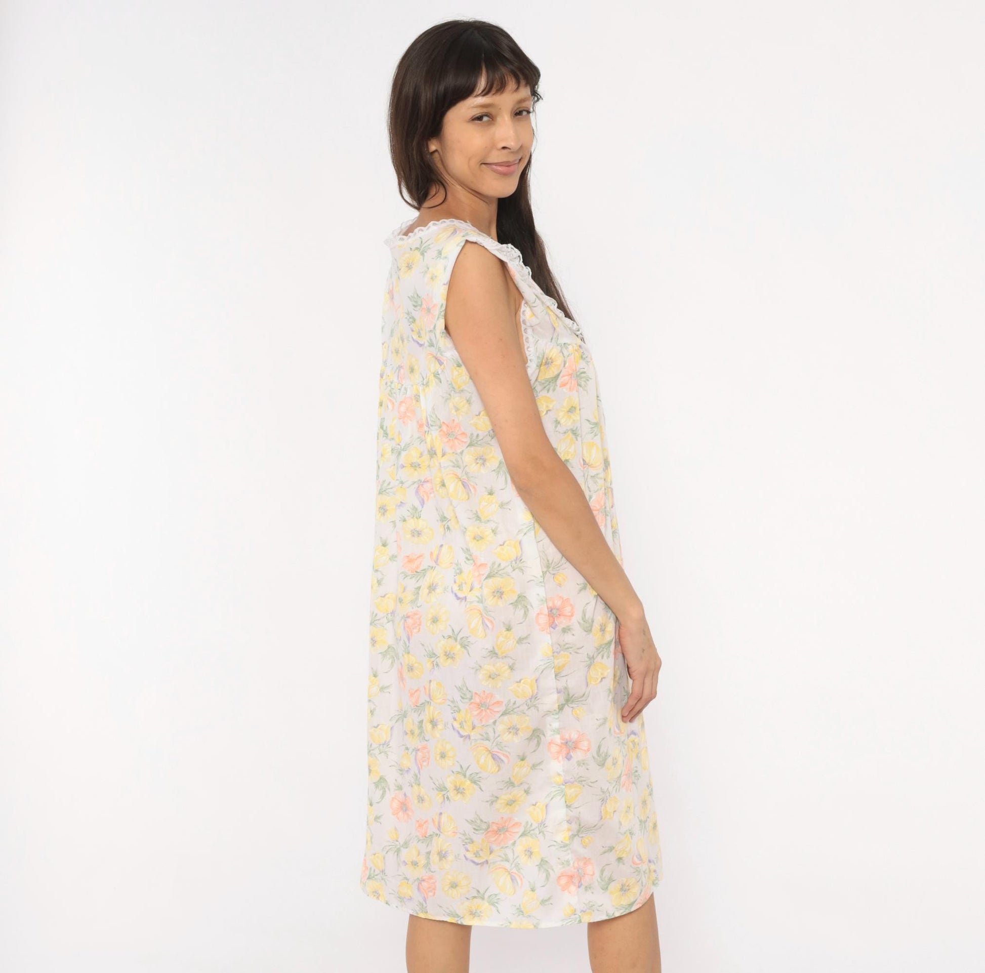 80s Floral Anemone Cotton Nightgown White Lace V-Neck Knee Length Medium M