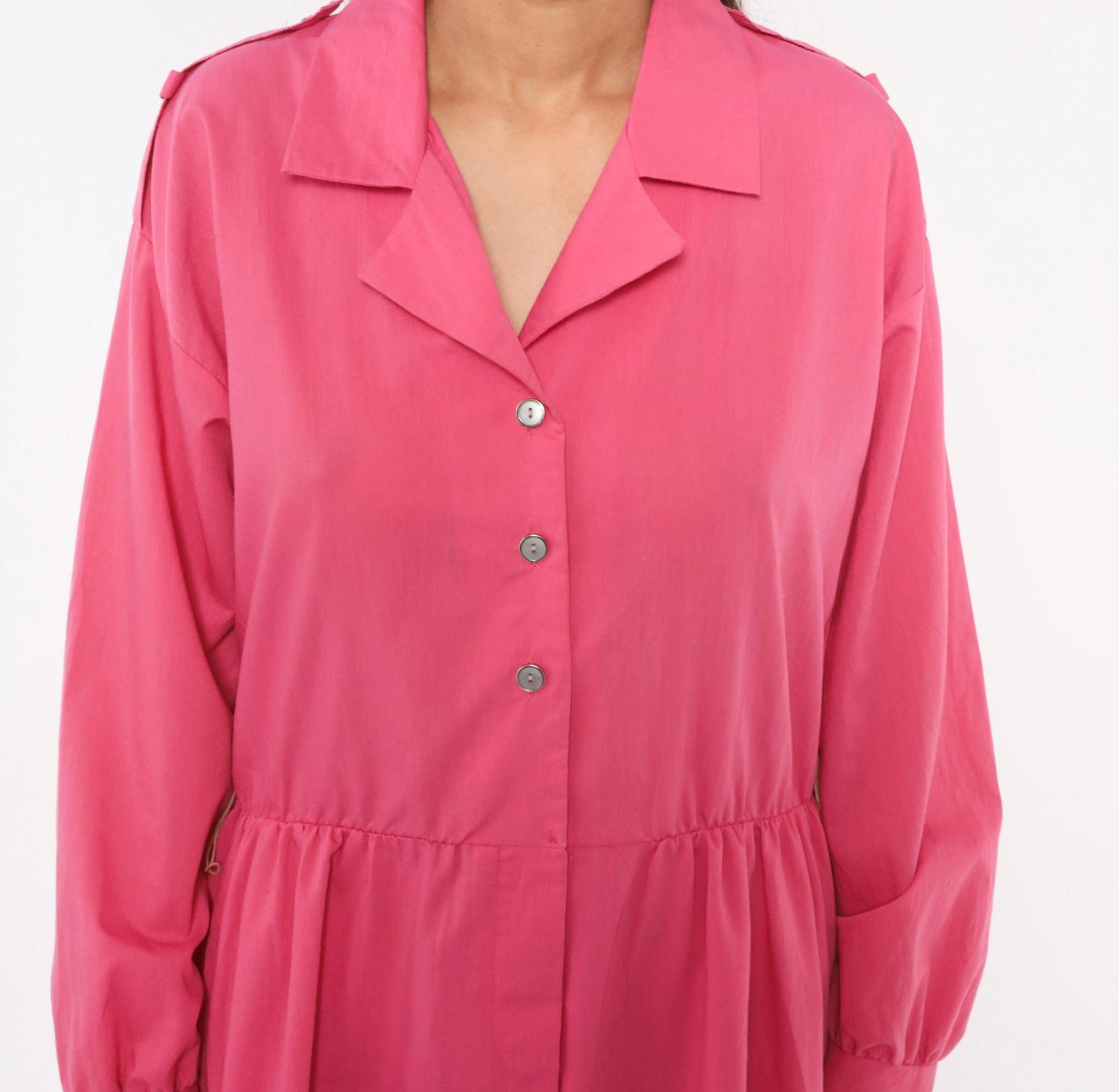 80s Hot Pink Shirtdress Midi Gathered Waist Balloon Sleeve Epaulette Large L