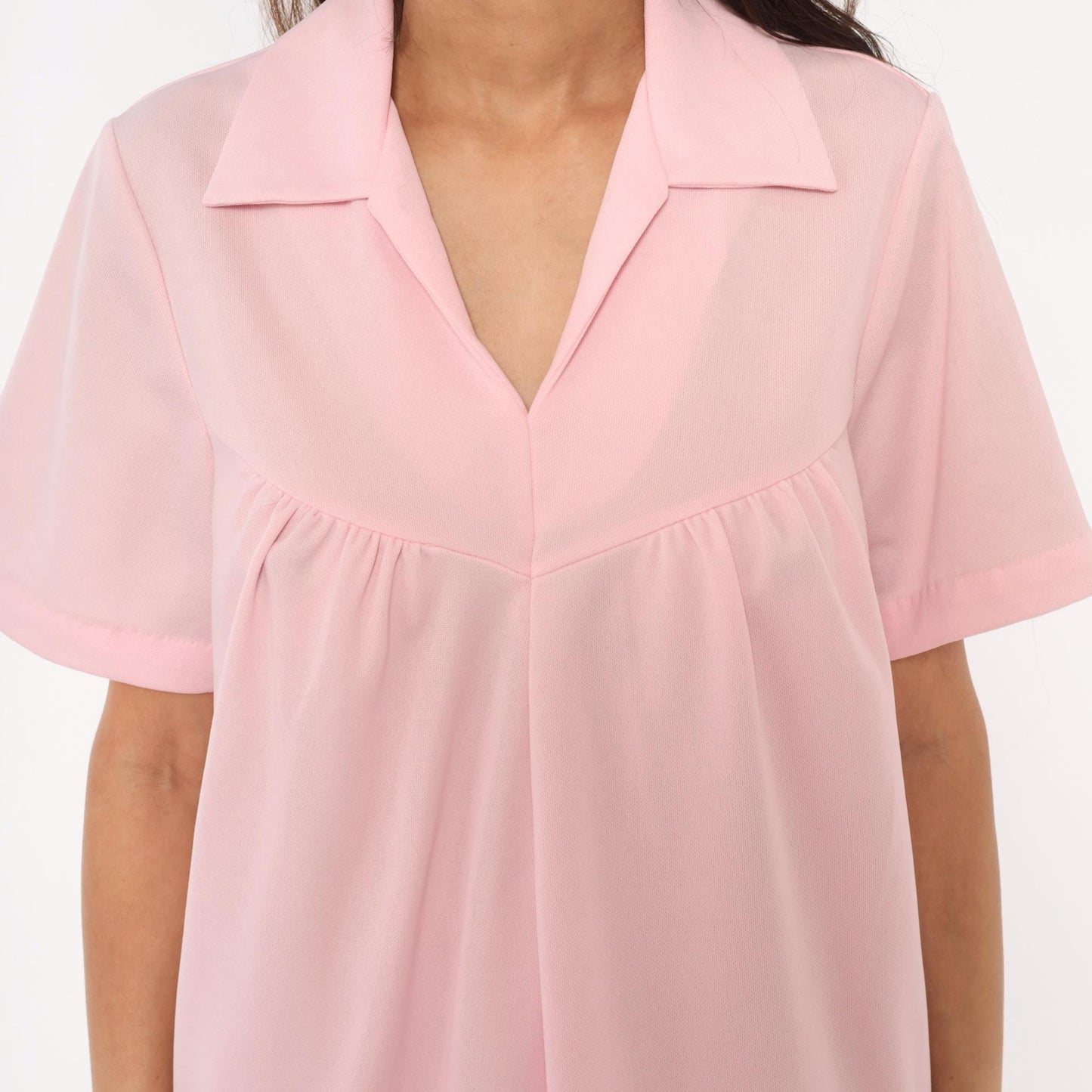 70s Baby Pink Babydoll Dress V Neck Gathered Bust A Line Knee Length Extra Large