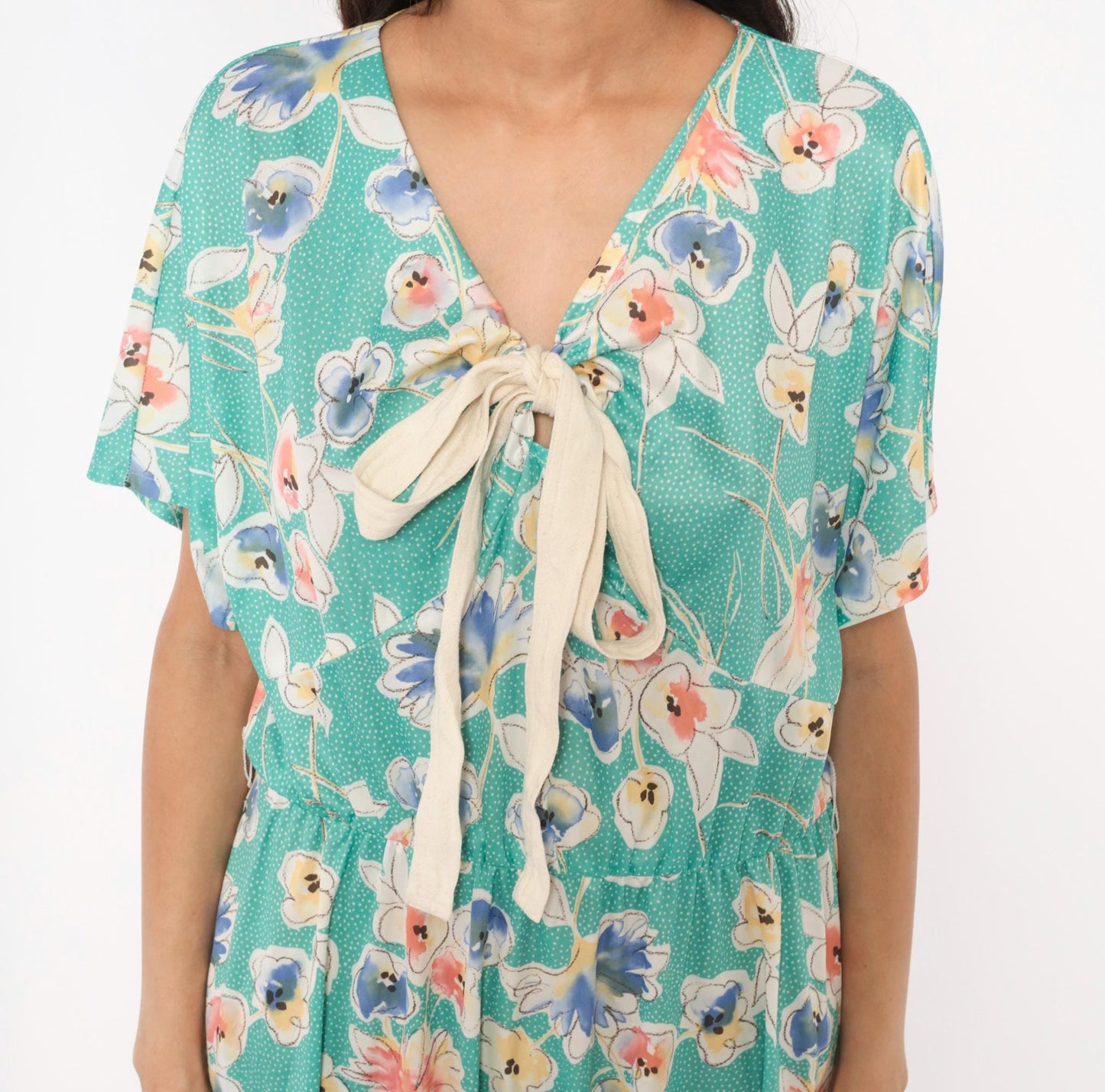 80s Pansy Floral Dress Teal V-Neck Bow Blouson Knee Length Extra Large