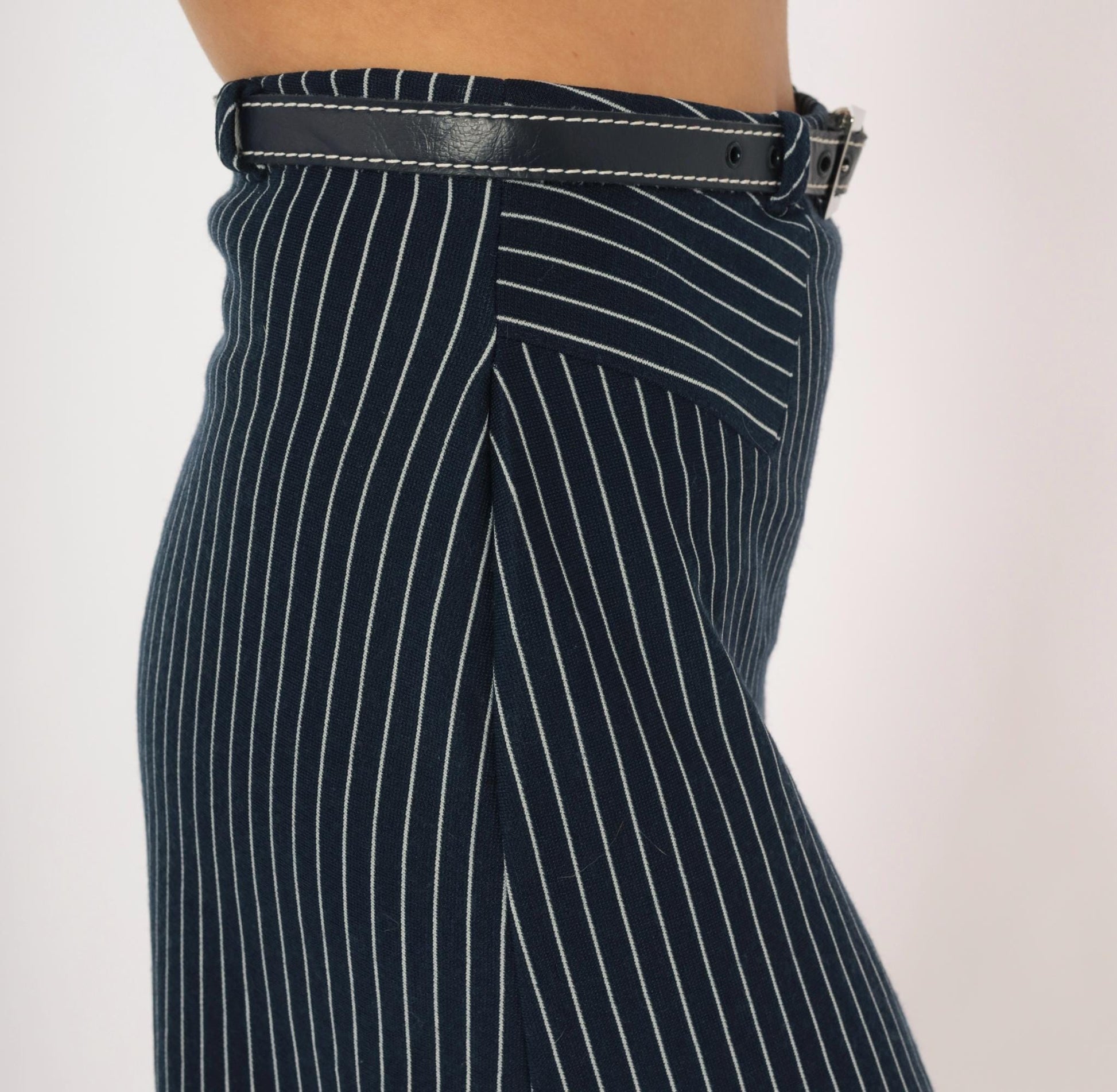 70s Jantzen Navy Pinstripe Midi Skirt Belted White Stripe Small S