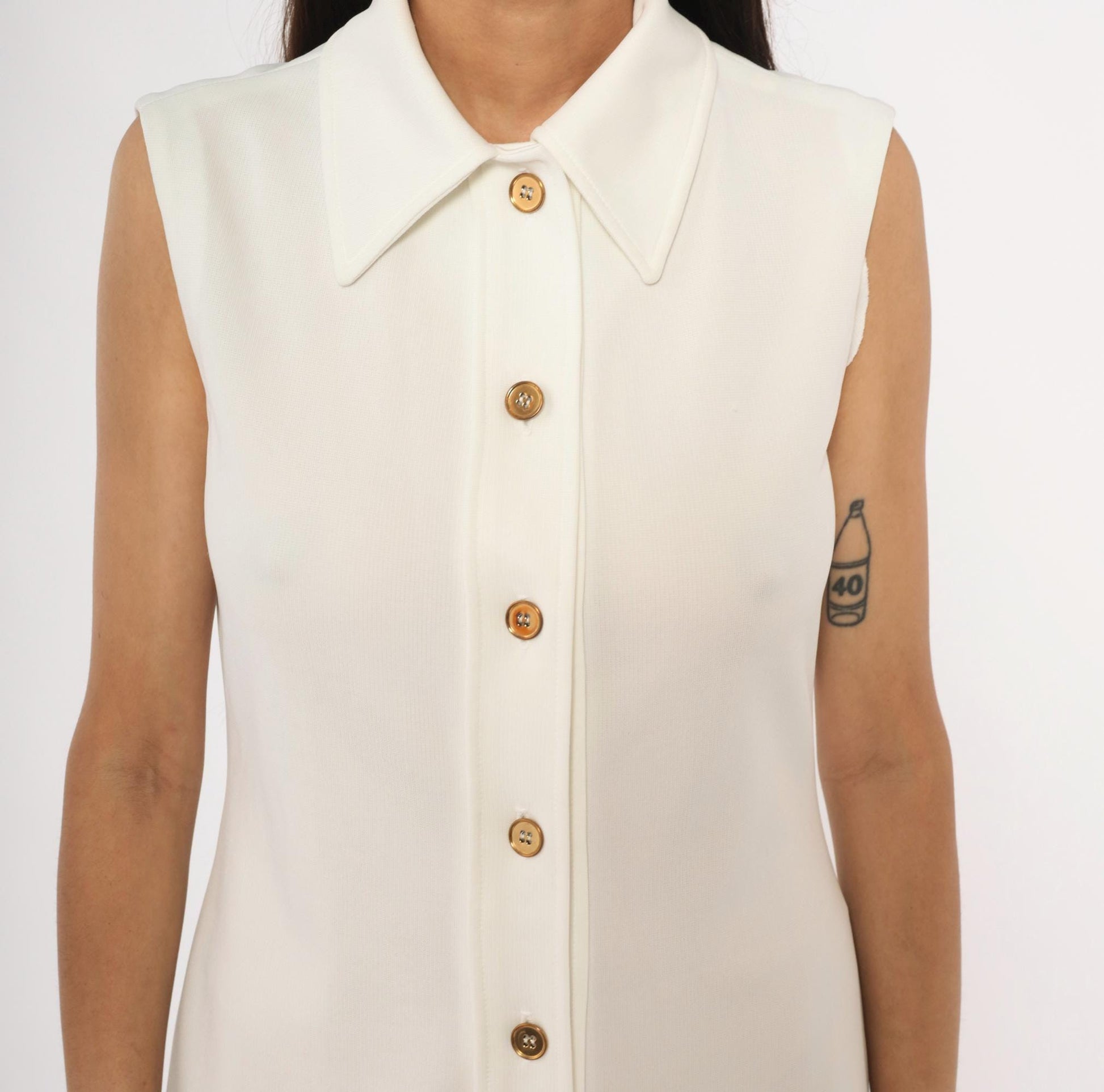 70s Ivory Sleeveless Maxi Shirtdress Gold Buttons Pointed Collar Medium
