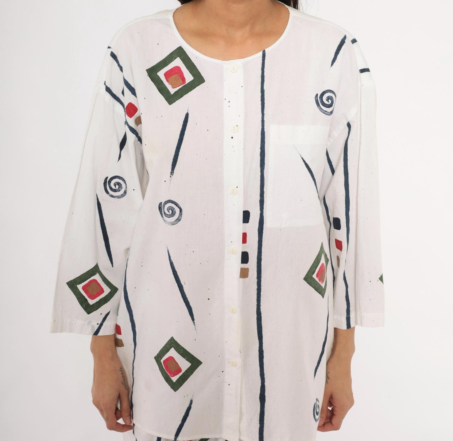 90s Allegre Geometric Print Cotton Two Piece Set White Large L