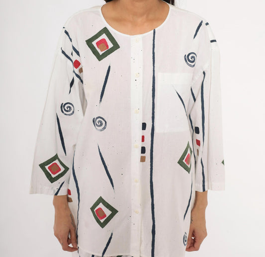 90s Allegre Geometric Print Cotton Two Piece Set White Large L