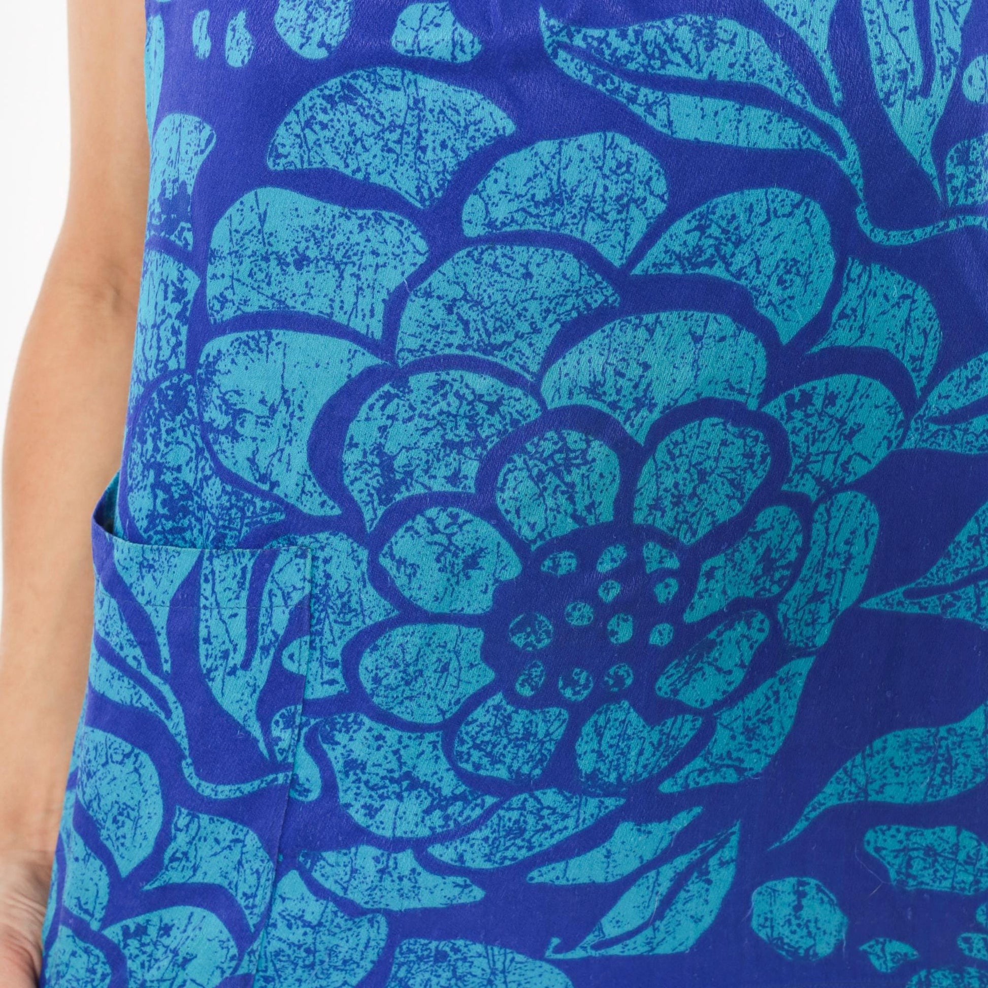 70s Batik Floral Tank Top Cobalt Teal Cotton Scoop Neck Medium M