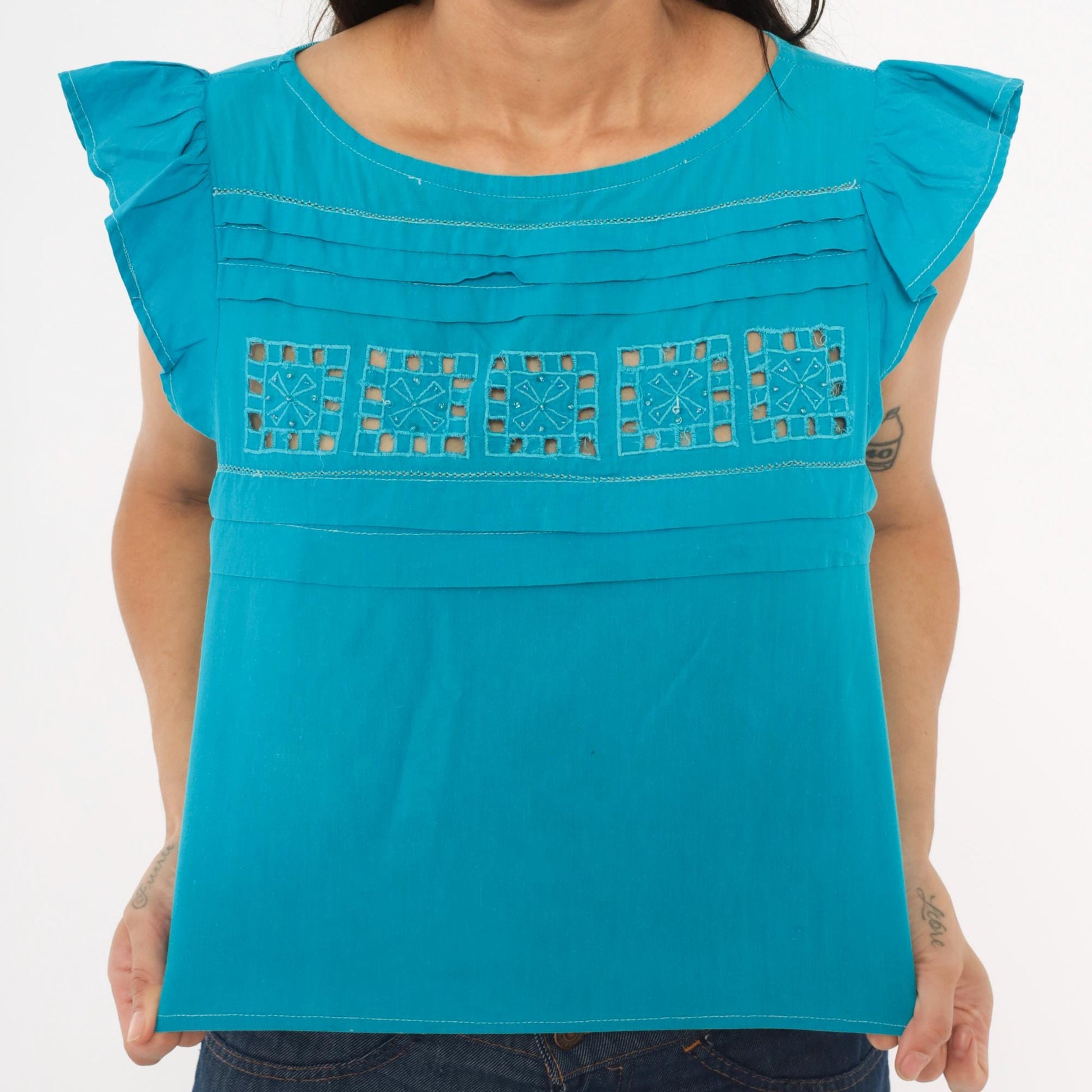 90s Teal Cutwork Cotton Blouse Flutter Cap Sleeve Crop Extra Small XS