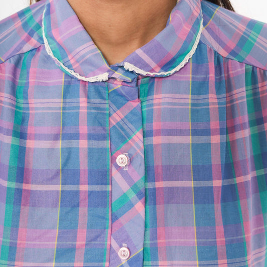 80s Maggie Sweet Plaid Puff Sleeve Blouse Peter Pan Collar Purple Teal Large