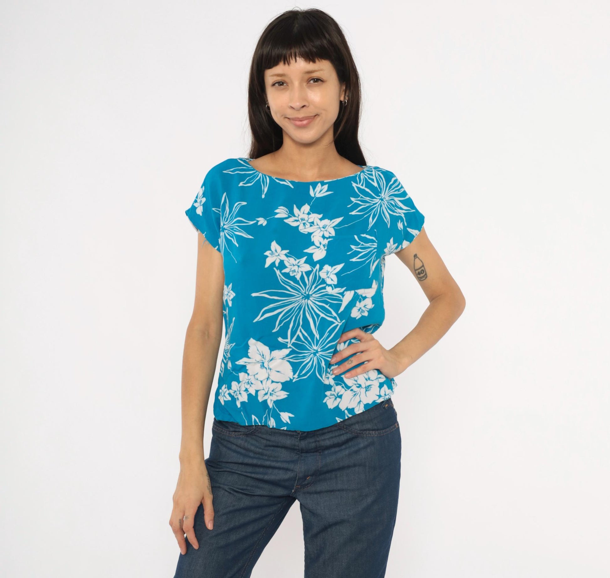 80s Charlie Tropical Floral Blouse Cobalt Blue Cap Sleeve Rayon Medium