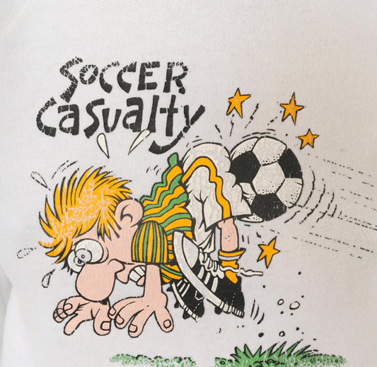 90s Soccer Casualty Cartoon Graphic Raglan Sweatshirt White Cotton Extra Small XS