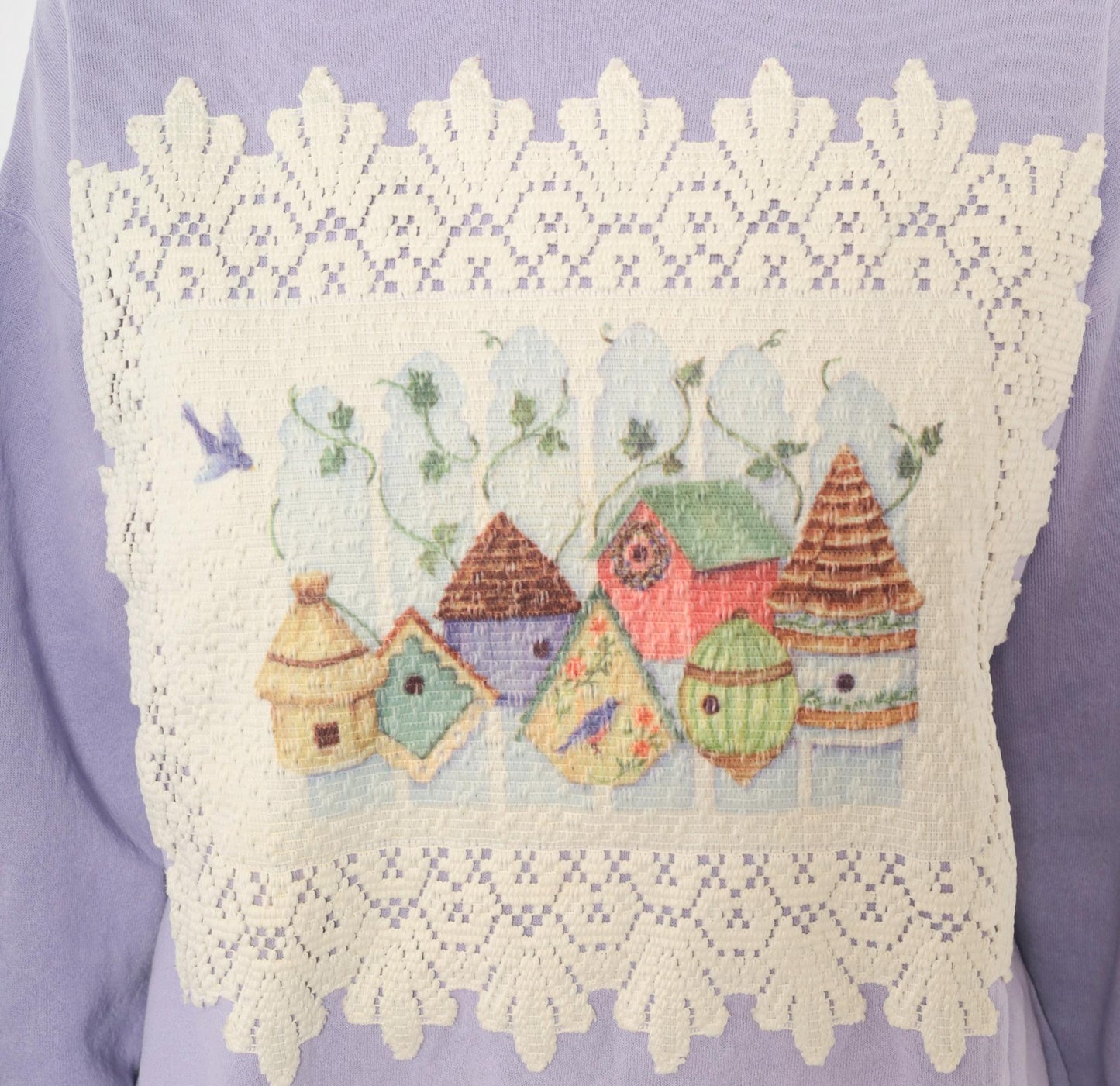 90s Tultex Lavender Birdhouse Applique Sweatshirt Ruffled Crewneck Large L