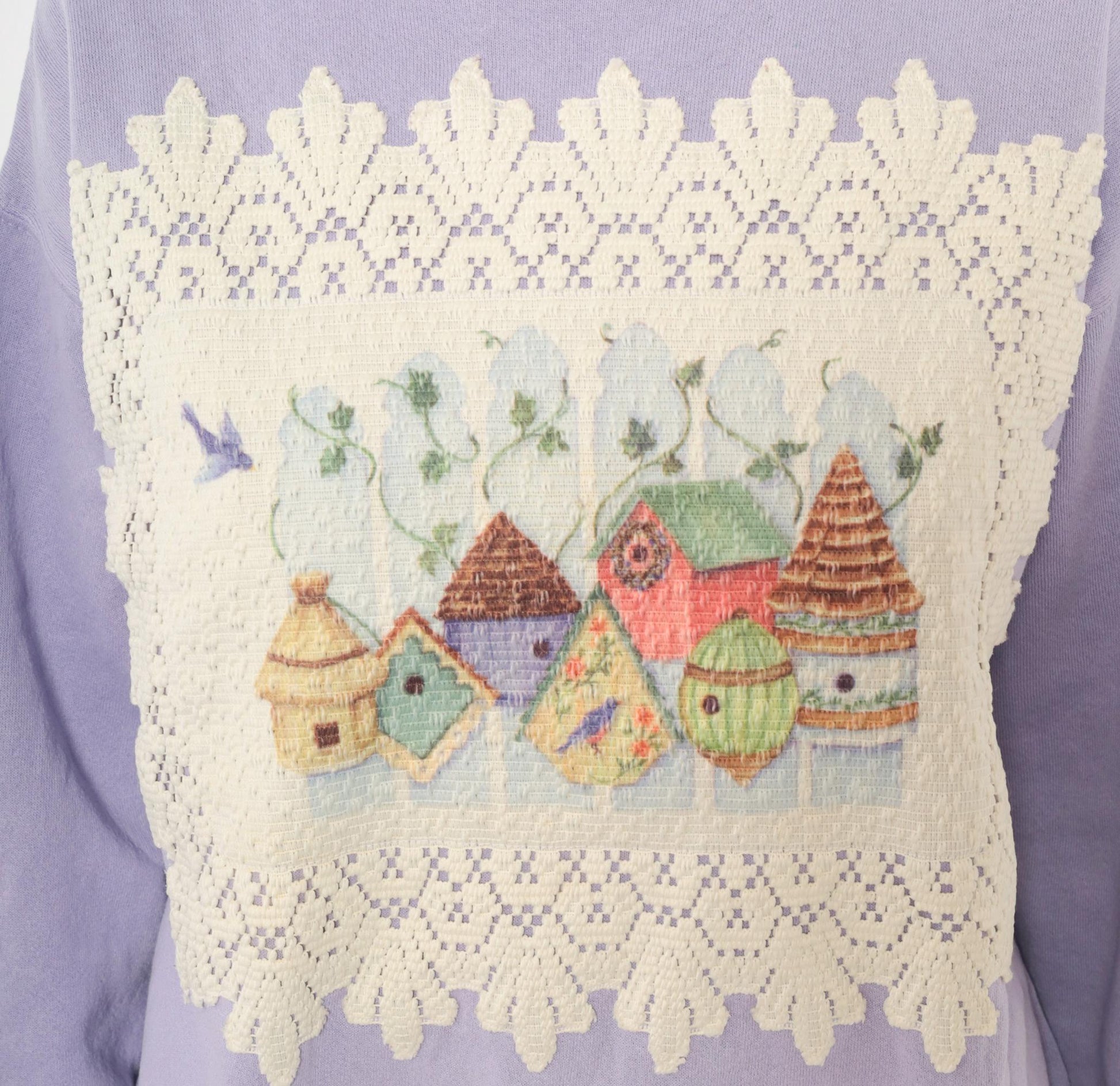 90s Tultex Lavender Birdhouse Applique Sweatshirt Ruffled Crewneck Large L