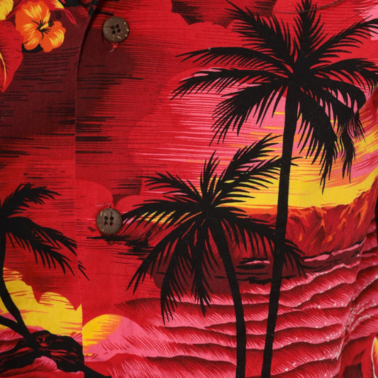 90s Palmwave Hawaii Camp Collar Shirt Red Pink Tropical Palm Tree Cotton Medium