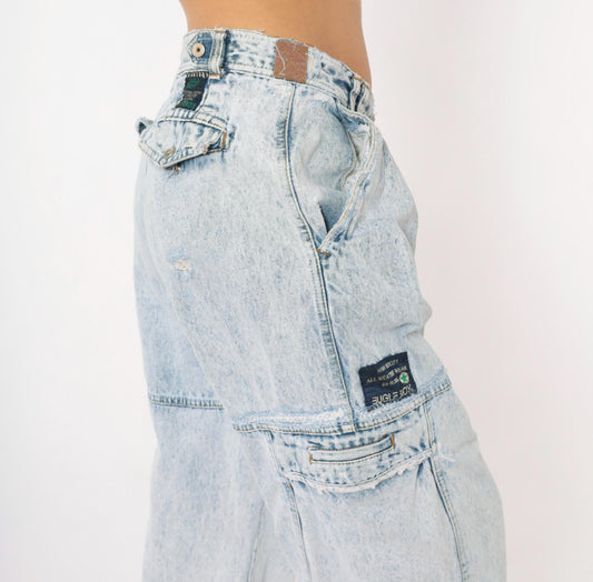 80s Bugle Boy Acid Wash Cargo Jeans Light Blue High Rise 33L